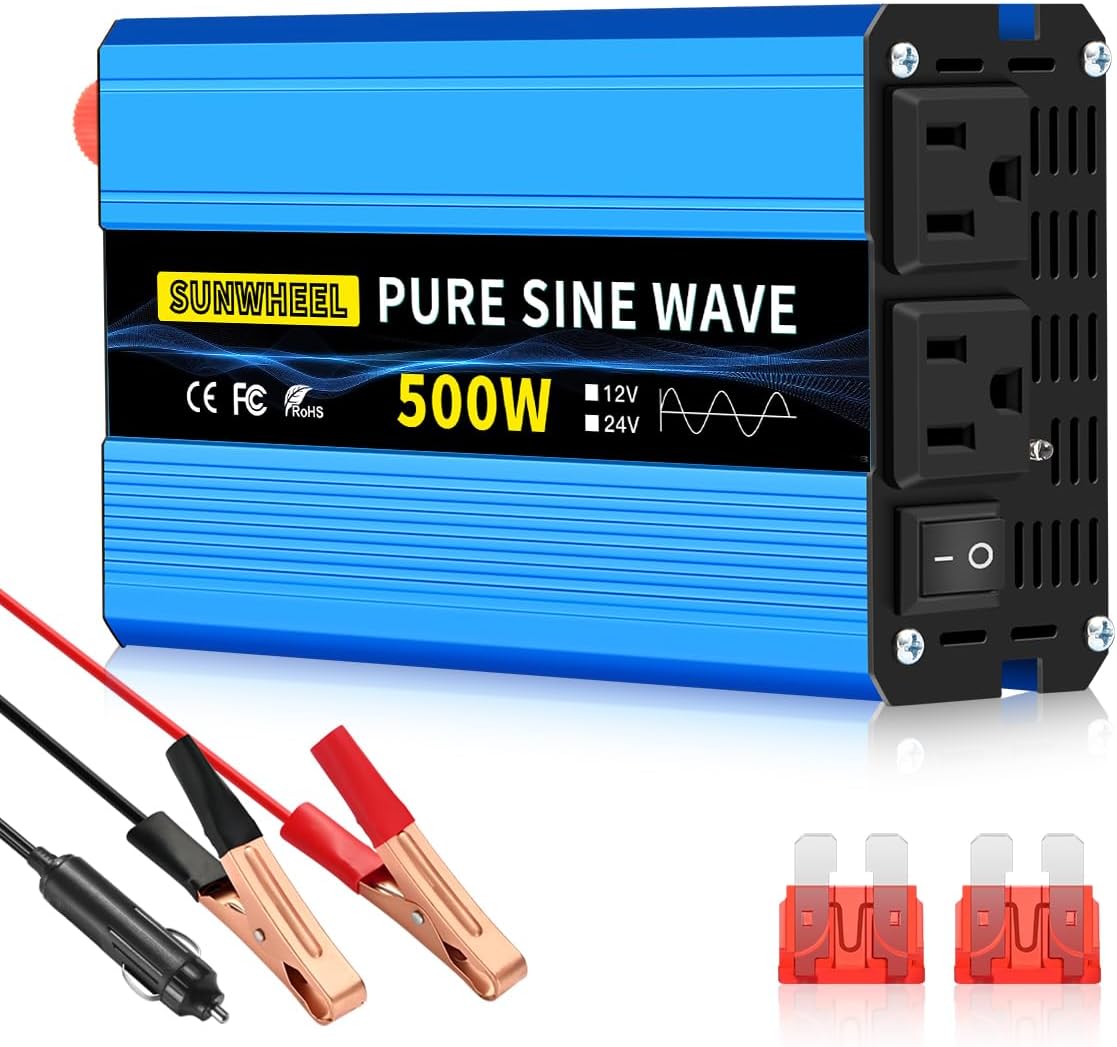 SUNWHEEL 500W 24V Pure Sine Wave Inverter, DC 24V to AC 110V/120V Car Power Inverter, Peak Power 1000W Car Plug Adapter Outlet Converter with Dual AC Sockets and LCD Display