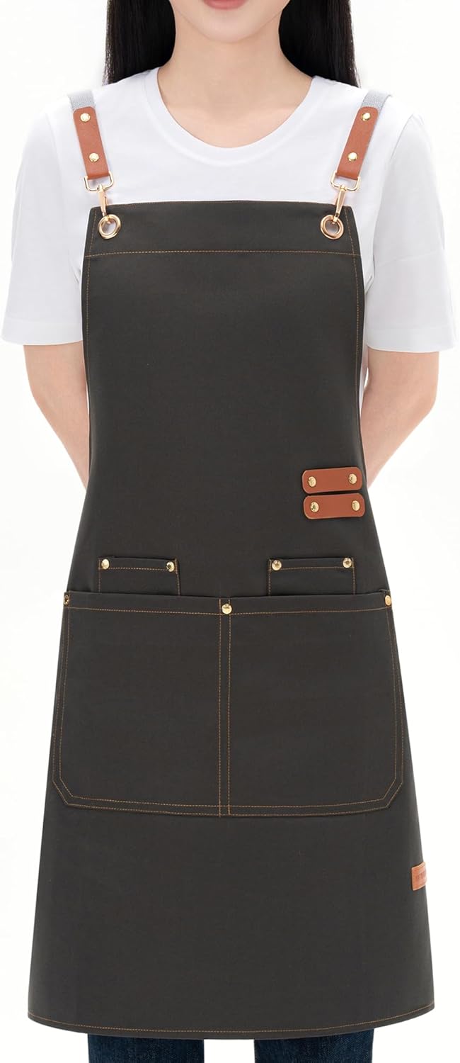 Chef Aprons for Men Women with Large Pockets, Cotton Canvas Cross Back Adjustable Cooking Kitchen Work Waterproof Bib Apron Green - Image 2