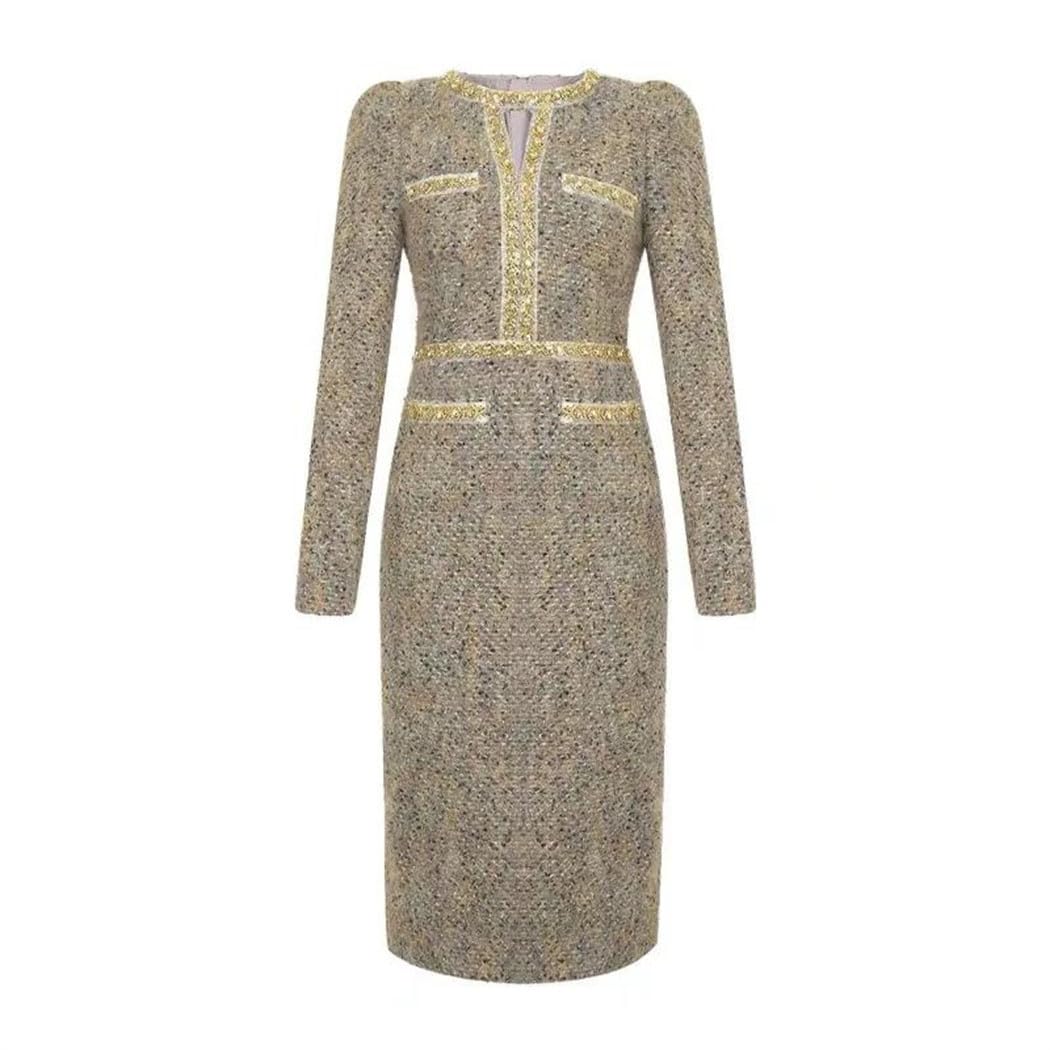 Women Tweed Midi Dress Hollow O Neck Slim Fit Pencil Dress Elegant Evening Party Outfit