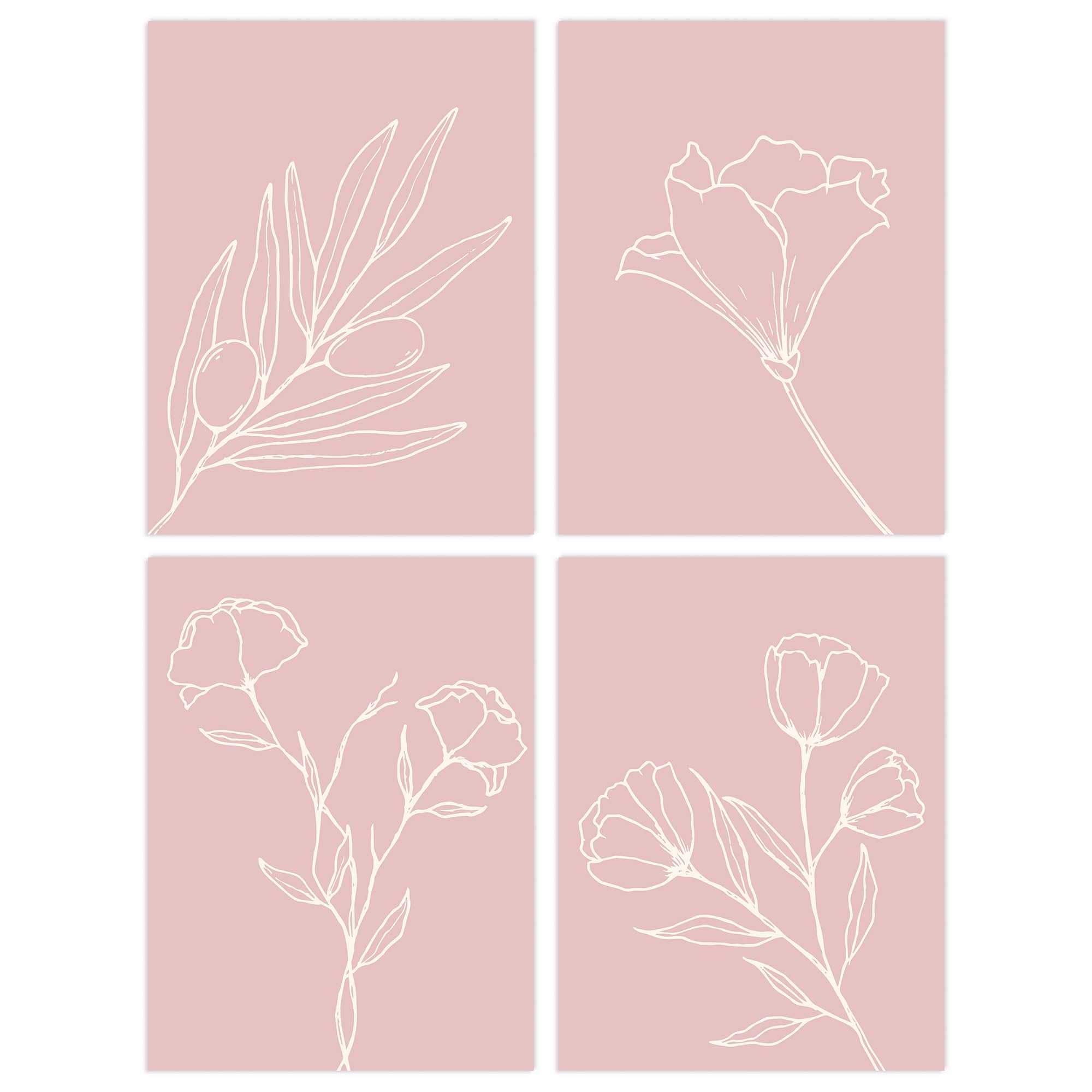 Wee Blue Coo Pack of 4 A4 Minimalist Wildflower Outline Cream on Pastel Pink Simple Floral Unframed Wall Art Living Room Prints Set