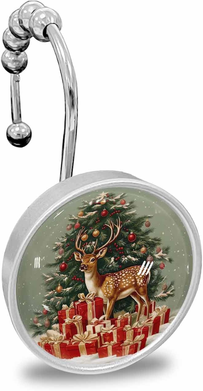 Shower Curtain Hooks 12 Pcs Christmas Green Xmas Tree Elk Gifts Pattern Stainless Steel Rust Proof Rolling Shower Curtain Rings, Decorative Shower Curtain Hooks Hangers for Bathroom