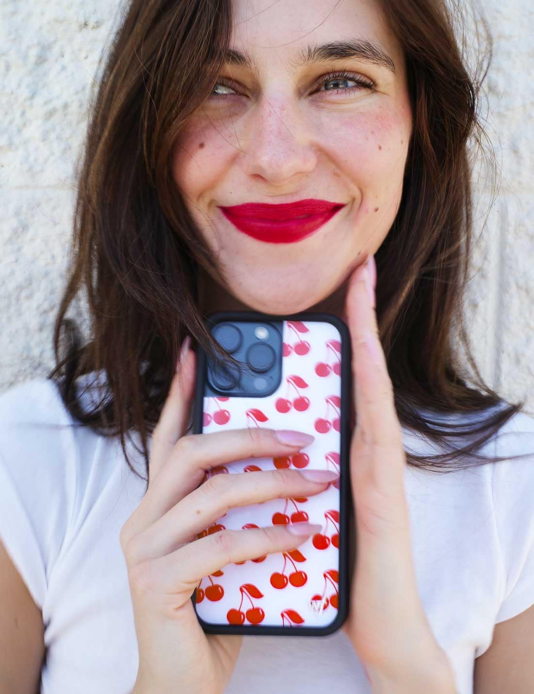 Wildflower Cases - Compatible with Apple iPhone 13/14 | Protective Black Bumper, 4ft Drop Test Certified, Women Owned Small Business | American Cherries - Cherry Red White Aesthetic Trendy Cute