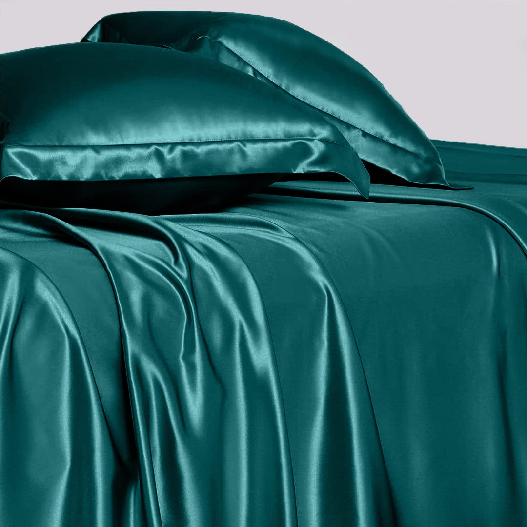 Juego de sábanas de satén de seda de lujo de 4 piezas, sábanas bajeras y encimeras, fundas de almohada, calidad de hotel, color verde azulado suave y sedoso, tamaño Queen