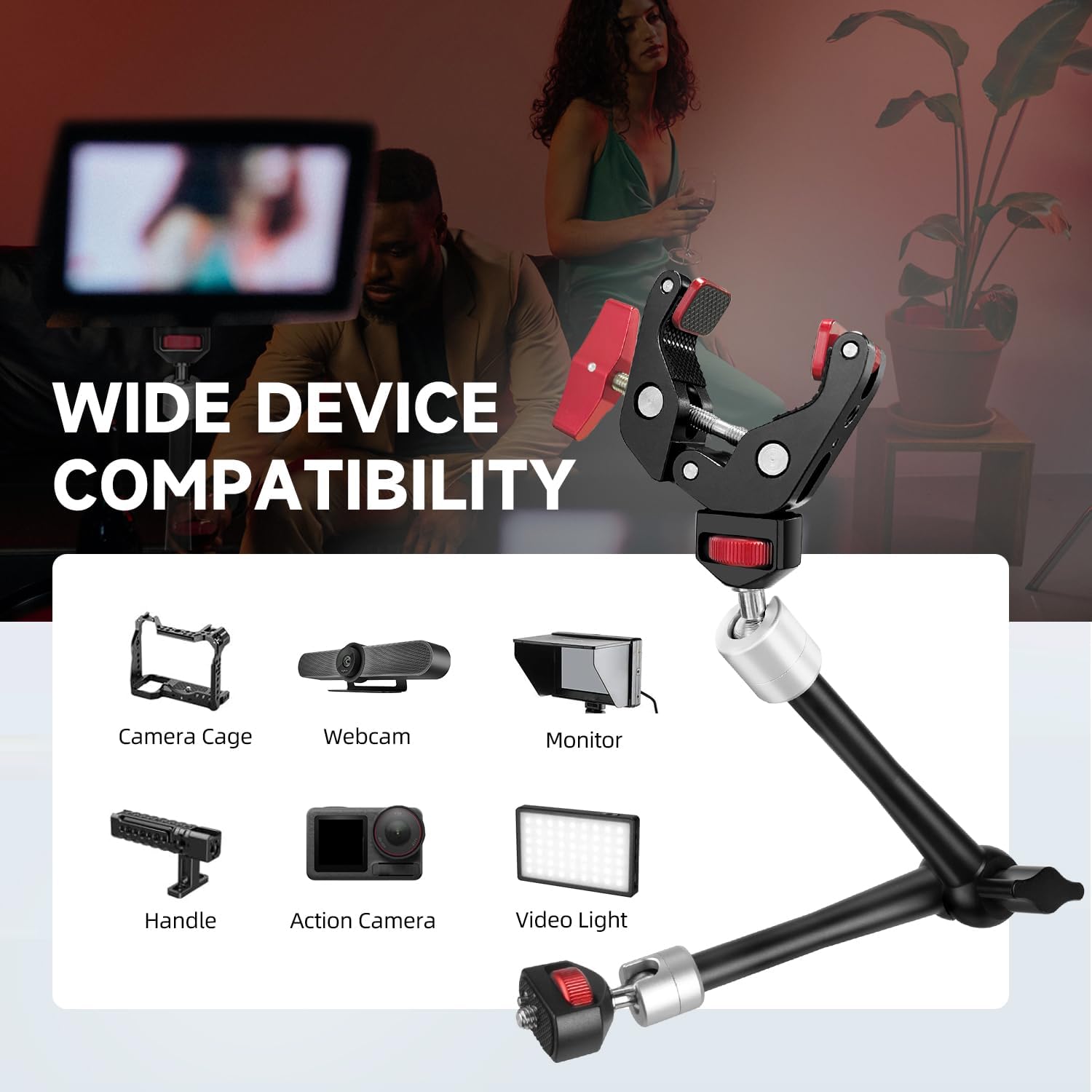 HEMMOTOP 11in Magic Arm Camera Mount Clamp, Max. Payload 5.5 LBS Articulating Arm with Anti-Twist Pins, Rotatable Pads, Adjustable Friction Arm for Monitor, LED Light, Camera Video Rig MS02