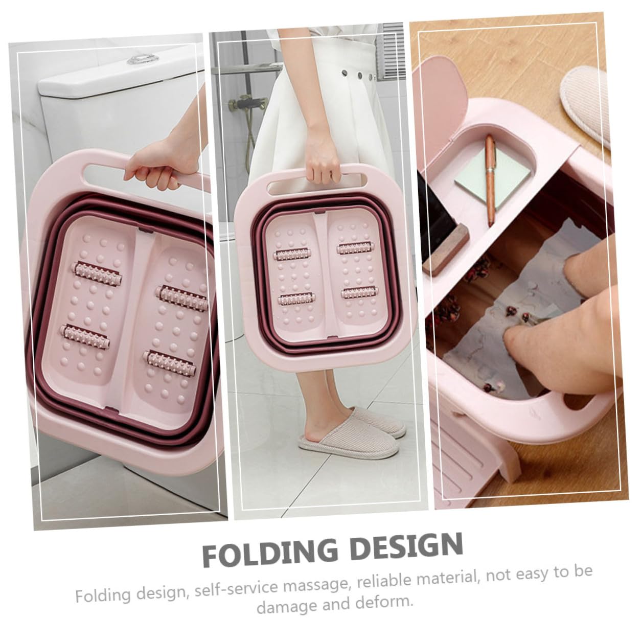 Lavabo Plegable para Remojo de Pies de Gran Tamaño de PP Rosa | Bañera Pies Rodillos de Masaje, Color de Rodillos Aleatorio, Fácil de Usar, para Viaje y Familia
