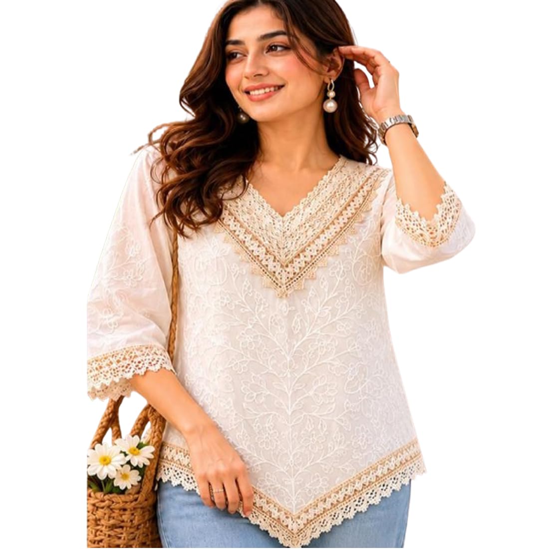 ukal Women's and Gilr's White Embroidered Boho Top, V-Neck with Lace Trim, 3/4 Sleeves, Casual Kurti Style-picture-53