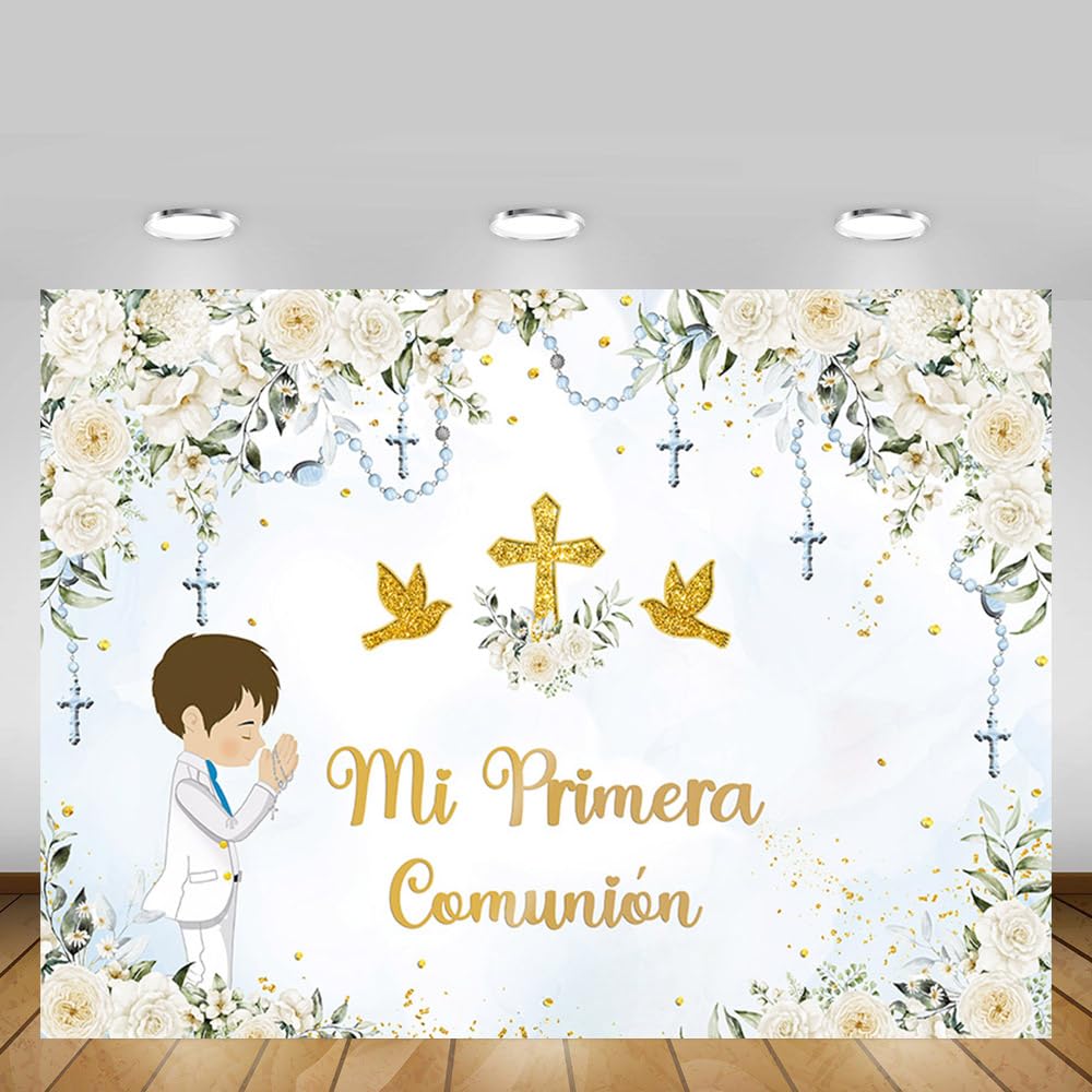 MEHOFOND Floral Mi Primera Comunion Baptism Backdrop for Boy First Holy Communion Banner God Bless Christening Mi Bautizo Party Photography Background