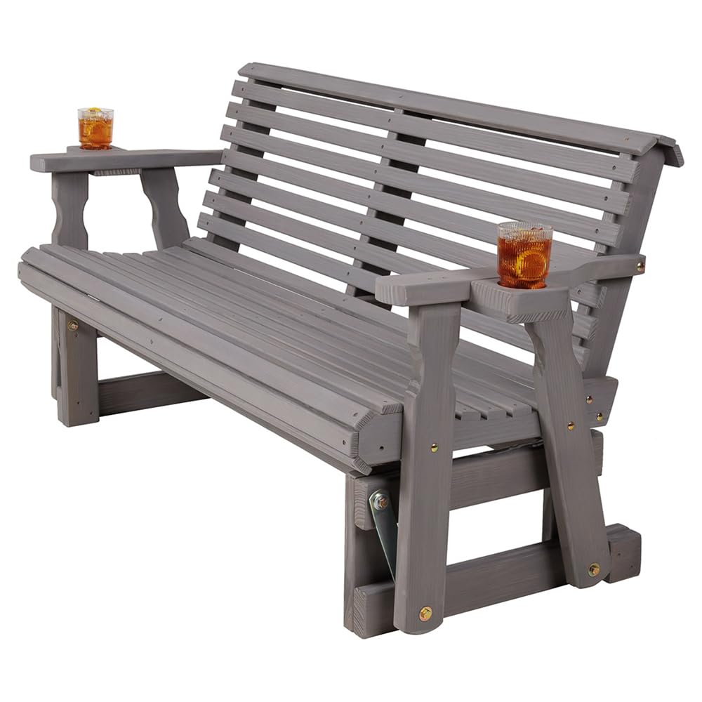 Amish Heavy Duty 800 Lb Roll Back Pressure Treated Porch Glider with Cupholders (5 Foot, Semi Solid Grey Stain)