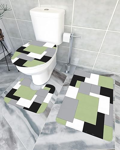 Miniatura 2 de Bathroom Rugs Sets 3 Piece Bath Mat,Green Black Gray Color Block Soft Non-Slip Bath Rug Set,Absorbent Shower Rugs Toilet Seat Cover U-Shaped Toilet