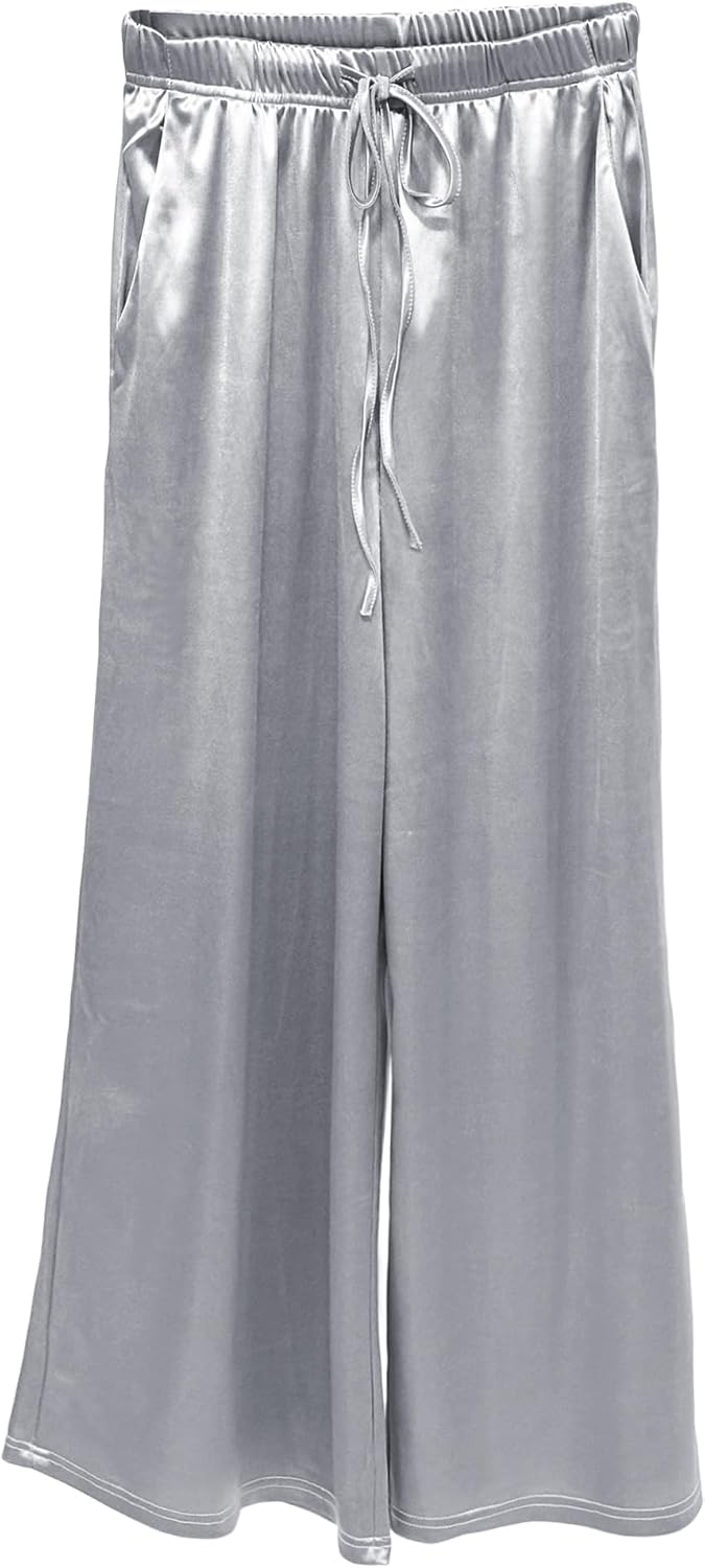 Women's Silk Wide Leg Pants, Loose Comfortable Straight Leg Casual Trousers, High Waist Elastic Waistband Long Pants Silver Gray XL