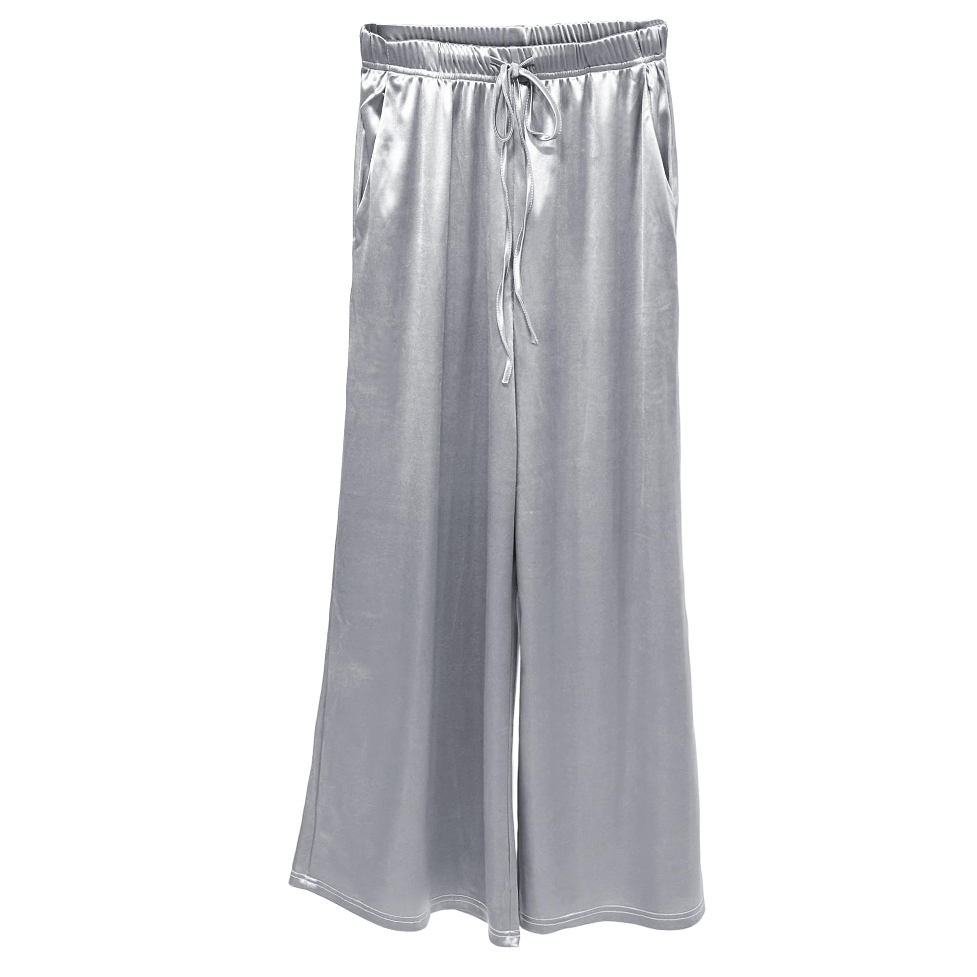 Womens Silk Wide Leg Pants Loose Comfortable Straight Leg Casual Trousers High Waist Elastic Waistband Long Pants Silver
