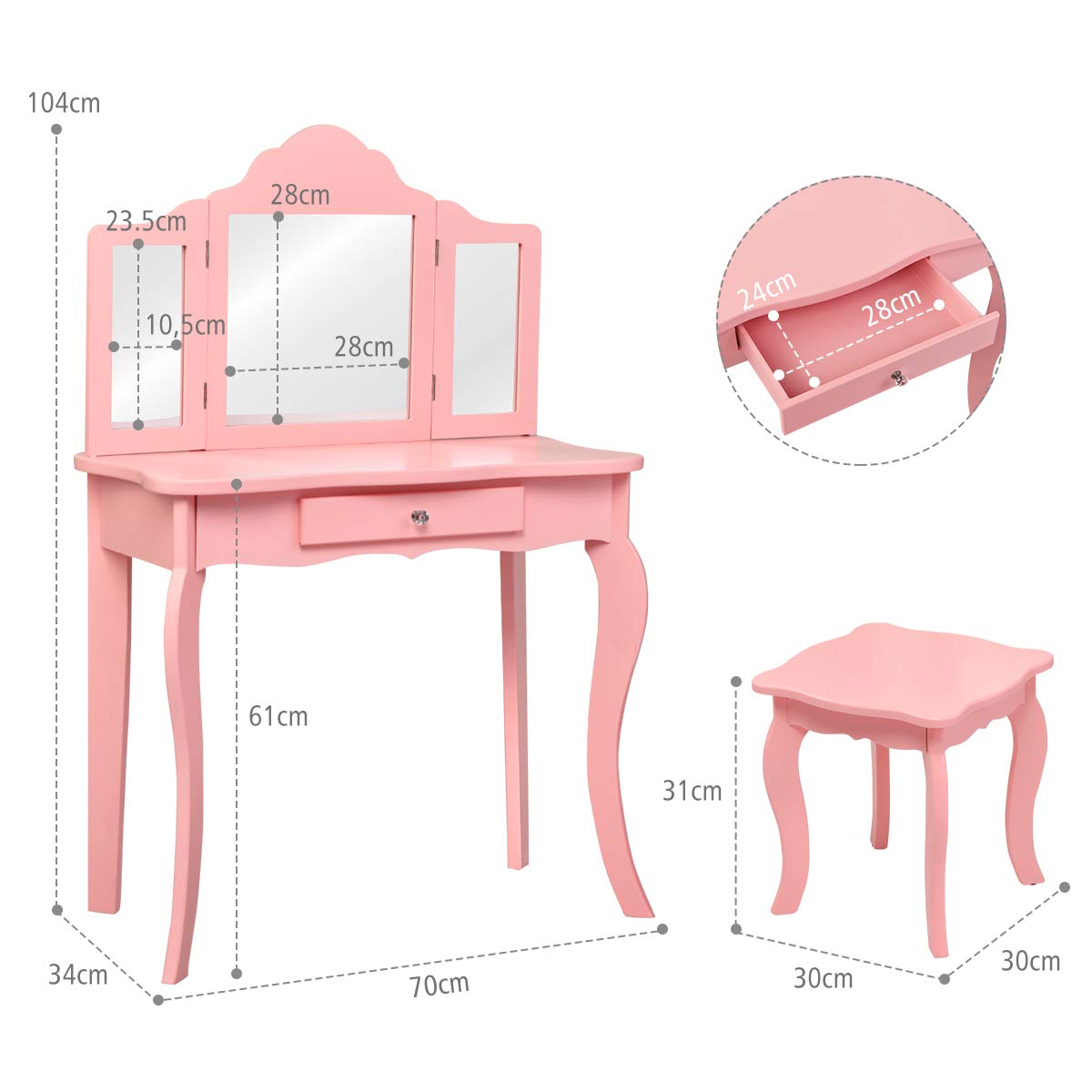 GOPLUS Kinder Schminktisch mit 3 Klappbaren und Abnehmbaren Spiegel, Frisiertisch, Kindertisch aus Holz, 1 Hocker, 1 Schublade, inkl. Haarseilset, für Mädchen, im Schlafzimmer (Rosa)
