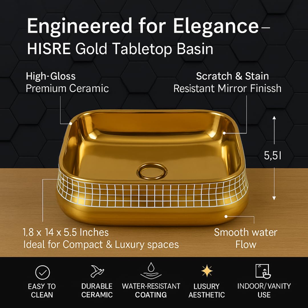 HISRE Table Top Wash Basin For Bathroom | Over Counter Top Wash Basin For Living Room | Washbasin Countertop | Tabletop Ceramic Bathroom Kitchen Sink (18 x 14 x 5.5 Inch) (SKTHI3502), photo 4 of 5