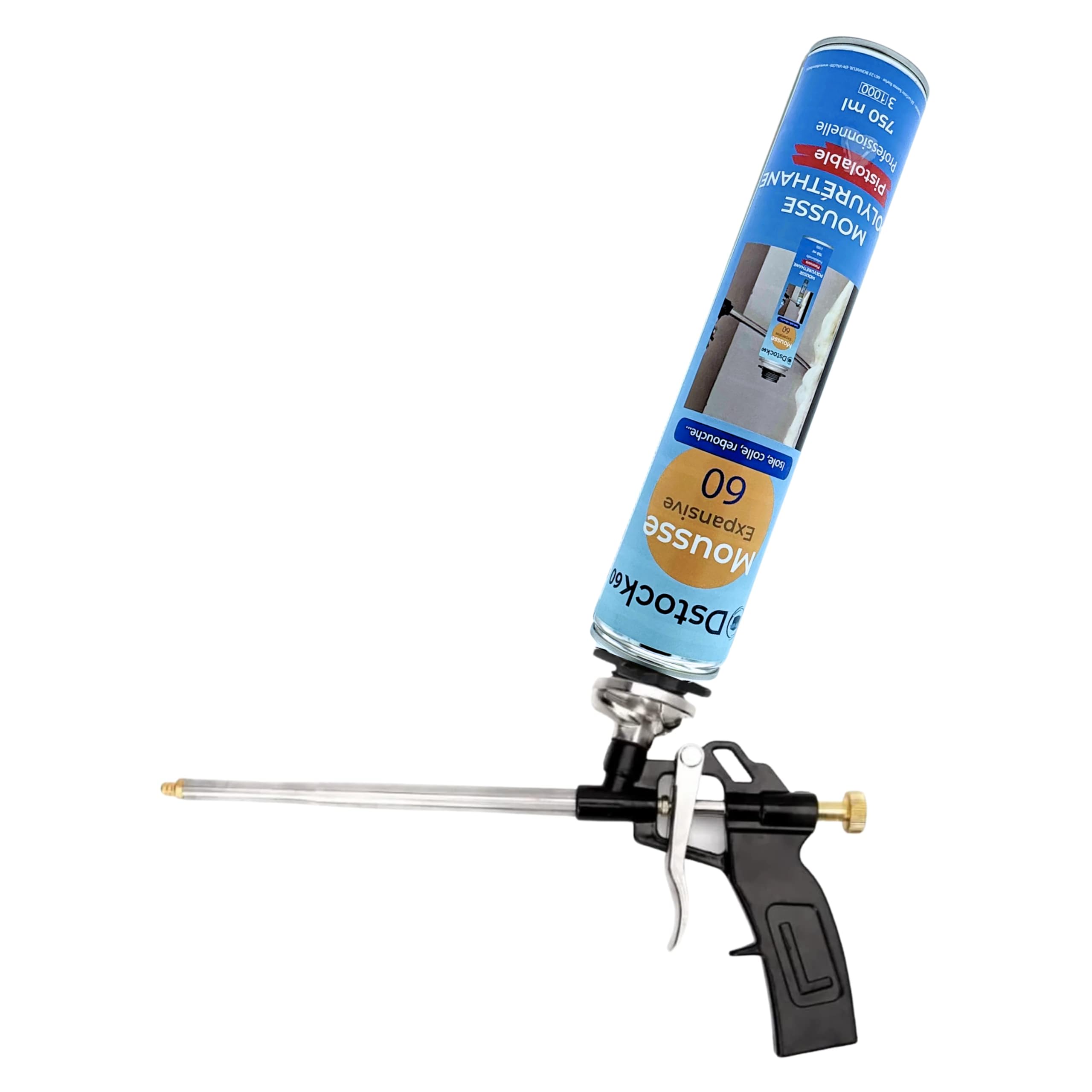 DSTOCK60 - Lot de 12 Mousses Pistolables + 1 Pistolet + 2 Nettoyants, Mousse Expansive 750 Ml, Mousse Polyuréthane Professionnelle, Isole, Colle et Rebouche, Extérieur Et Intérieur