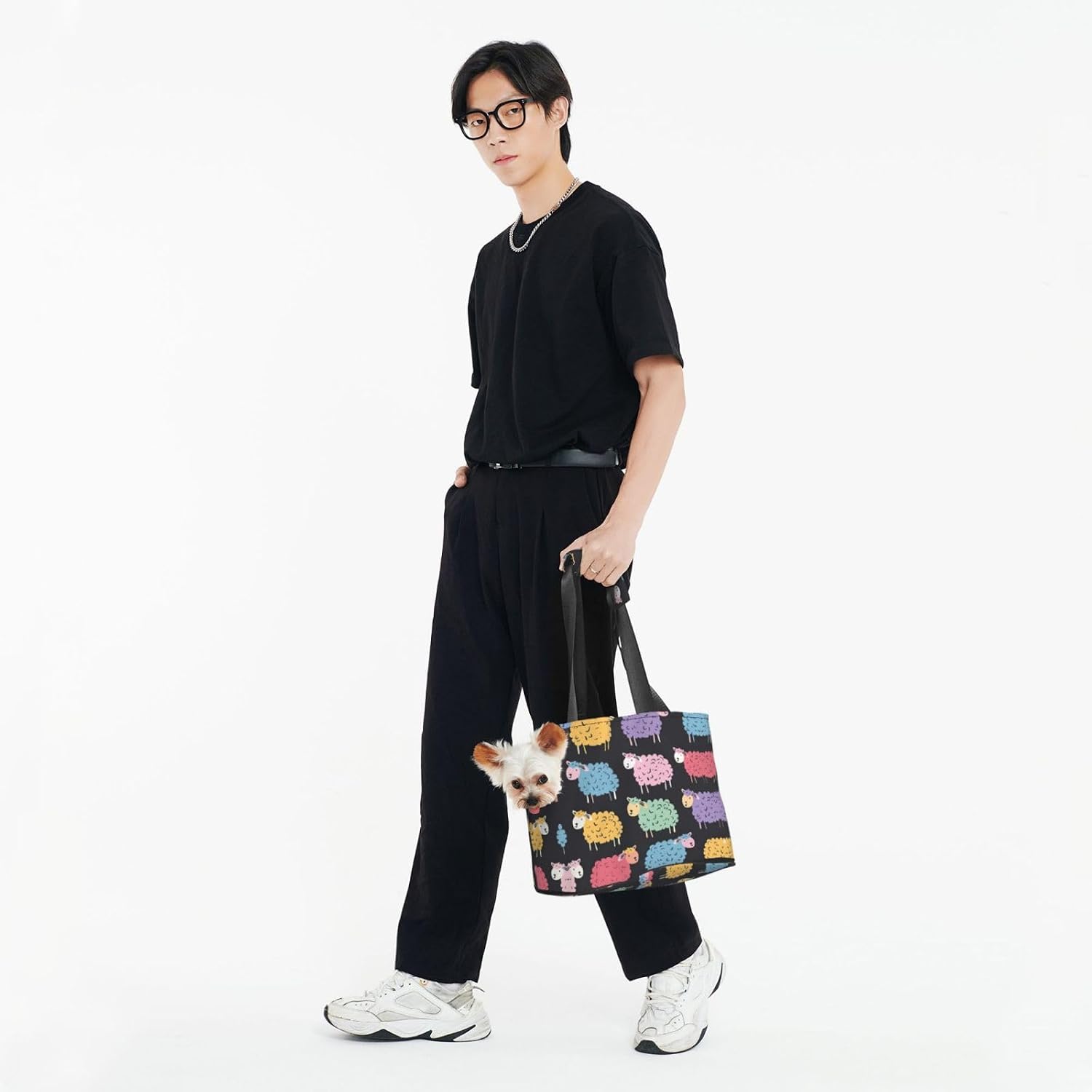 Cute Colorful Sheep Cartoon Pattern Print Portable Foldable Shoulder Bag for Travel,with Collar Hook and Handle Pad,Cute Stylish Design