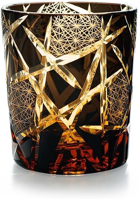 LOUISEYUN Edo Kiriko Old Fashioned Whiskey Glasses Japanese Style Crystal Amber 8 0z Black Diamond Cut Glass Cup Tumbler for Vodka Cocktail