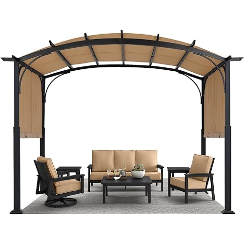 MASTERCANOPY 10x10ft Outdoor Retractable Pergola with Sun Shade Canopy Patio Metal Garden Pergola,Beige