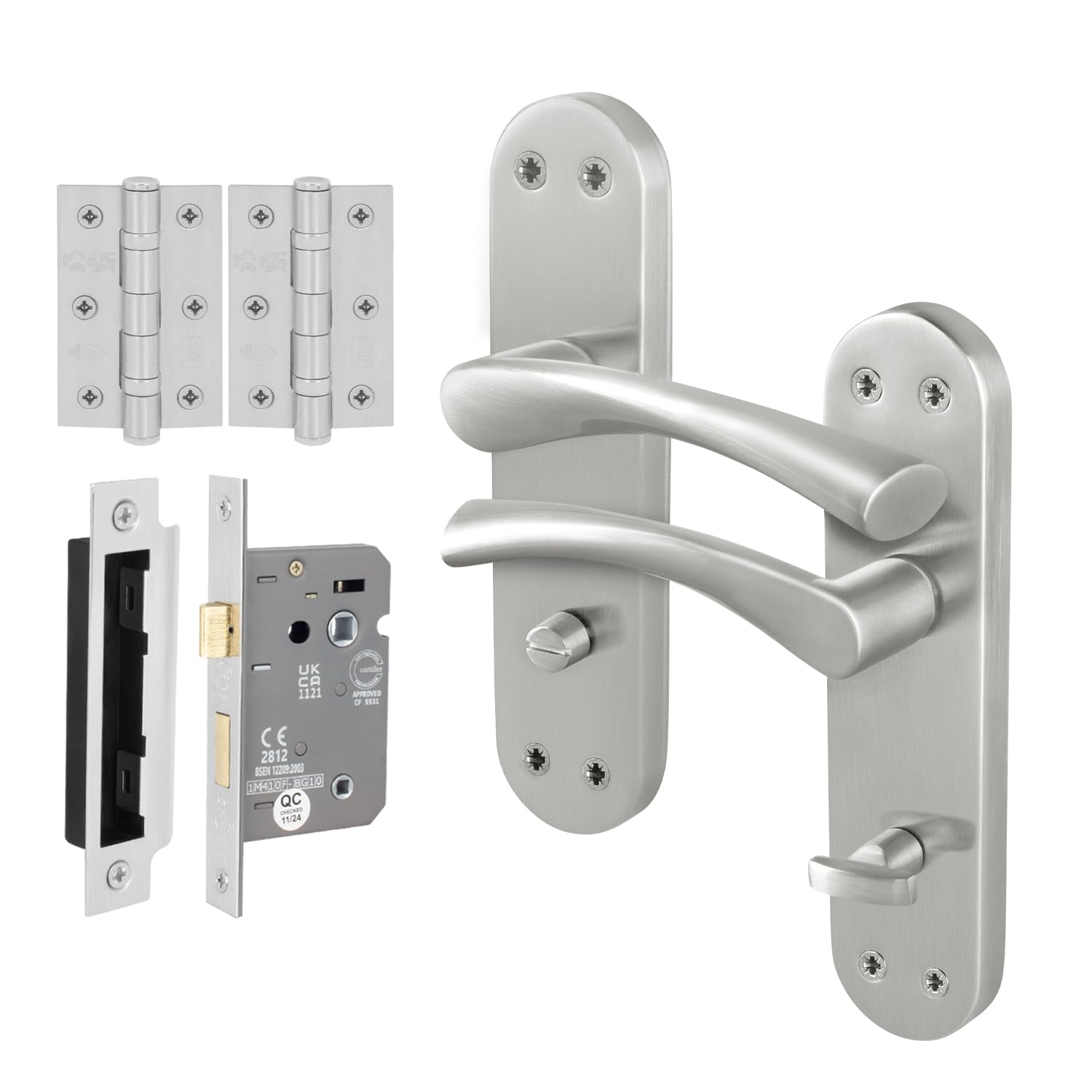 EAI Satin Bathroom Door Handle Set, 1 Pair Satin Nickel Internal T-Bar Handles, Hinges 76mm Lock 64mm - Novoli