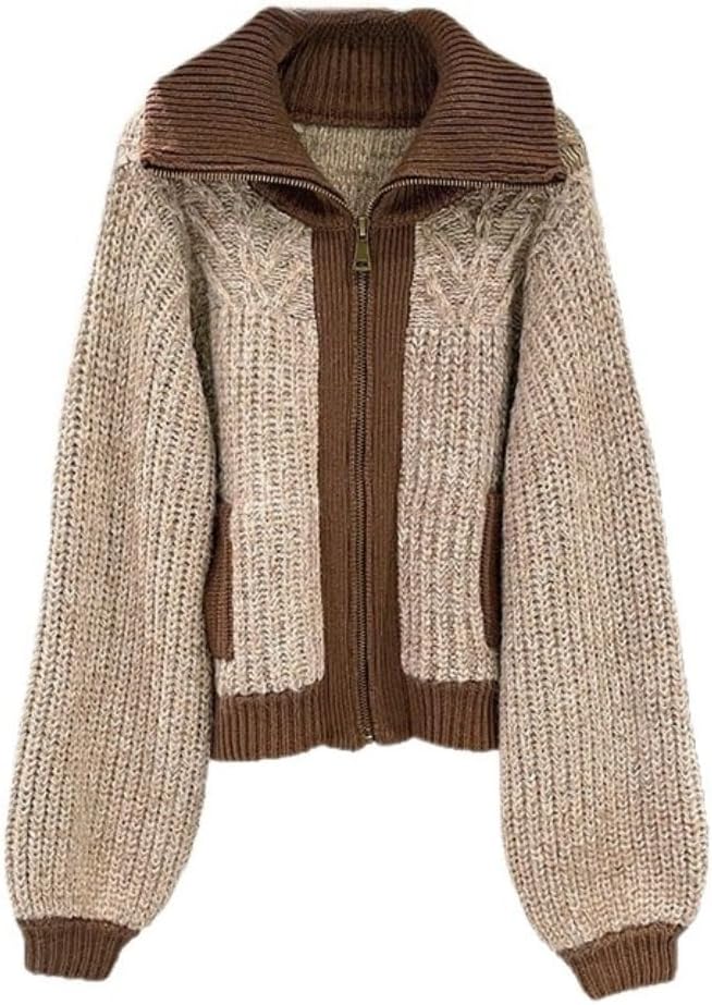 Women Brown Puff Long Sleeve Ribbed Collar Zipper Fitted Waist Cardigan Sweaters