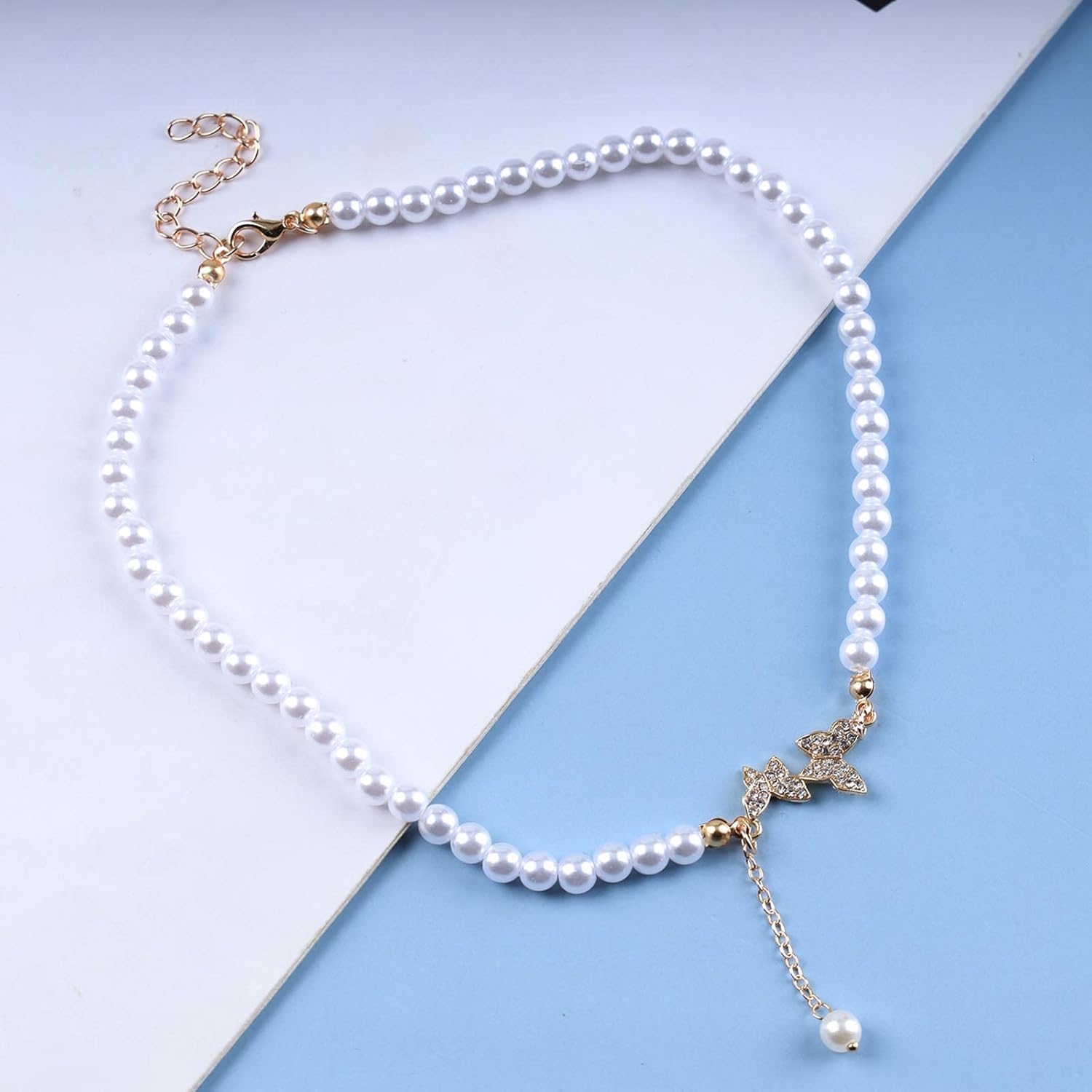 Boho pearl Y lariat Necklace Gold Pearl Choker Necklace crystal Butterfly Necklace Chain Pearl Y Drop Chain Jewelry for Women - Image 4