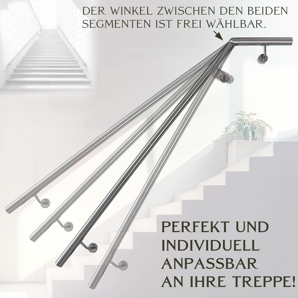 Handlauf aus Edelstahl mit Winkel 150 cm Gelenkverbinder Rohrverbinder Treppengeländer Geländer für Treppe 4,2 cm Wandhandlauf Wand Treppe V2Aox