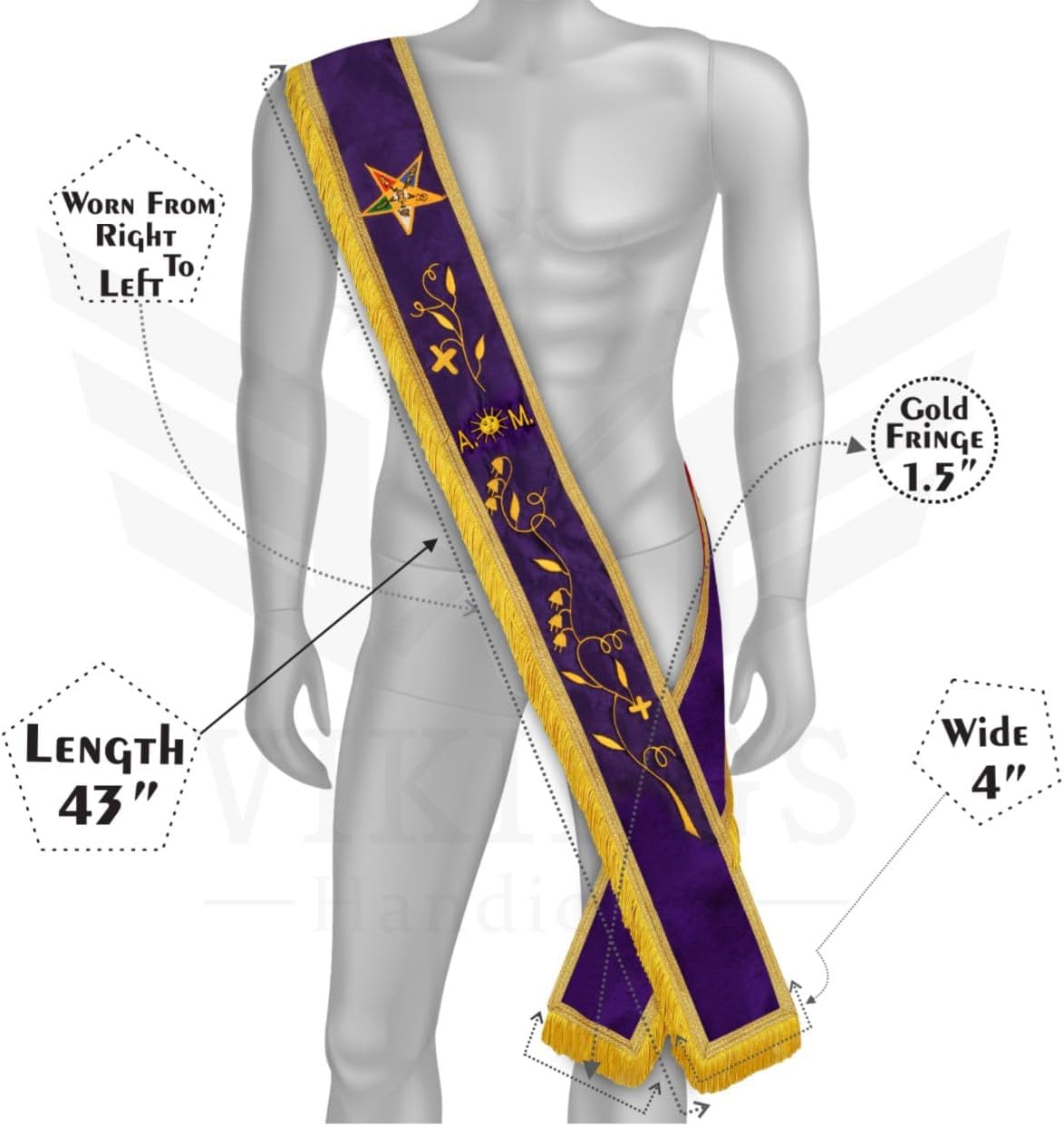 Masonic OES Associate Matron Sash with Cotton Gloves & Free Embroidered Leather Sash Case - Order of the Eastern Star AM Purple Velvet Sash with Gold Fringe