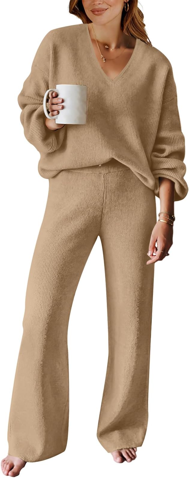 ANRABESSWomen's Two Piece Outfits Sweater Sets Long Sleeve V Neck Knit Pullover and Wide Leg Pants Lounge Sets