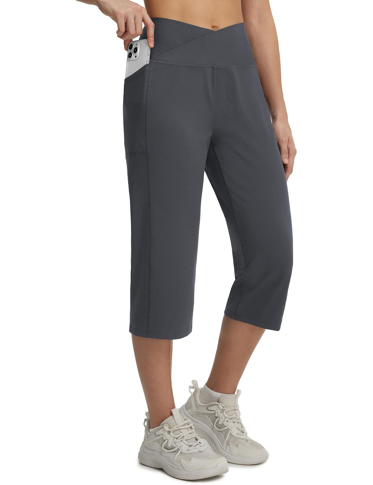 baleaf Damen Yogahose Caprihose mit Taschen Sommer Hohe Taille Weite Bein Straighthose Lounge Jogginghose