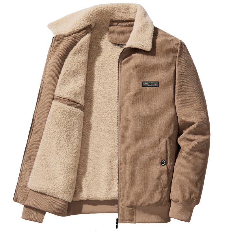 Chaqueta de pana forrada para hombre, chaqueta de otoño, cómoda, chaqueta de entretiempo, chaqueta sólida, abrigo de lana con cuello de piel de peluche, invierno, caqui, XL