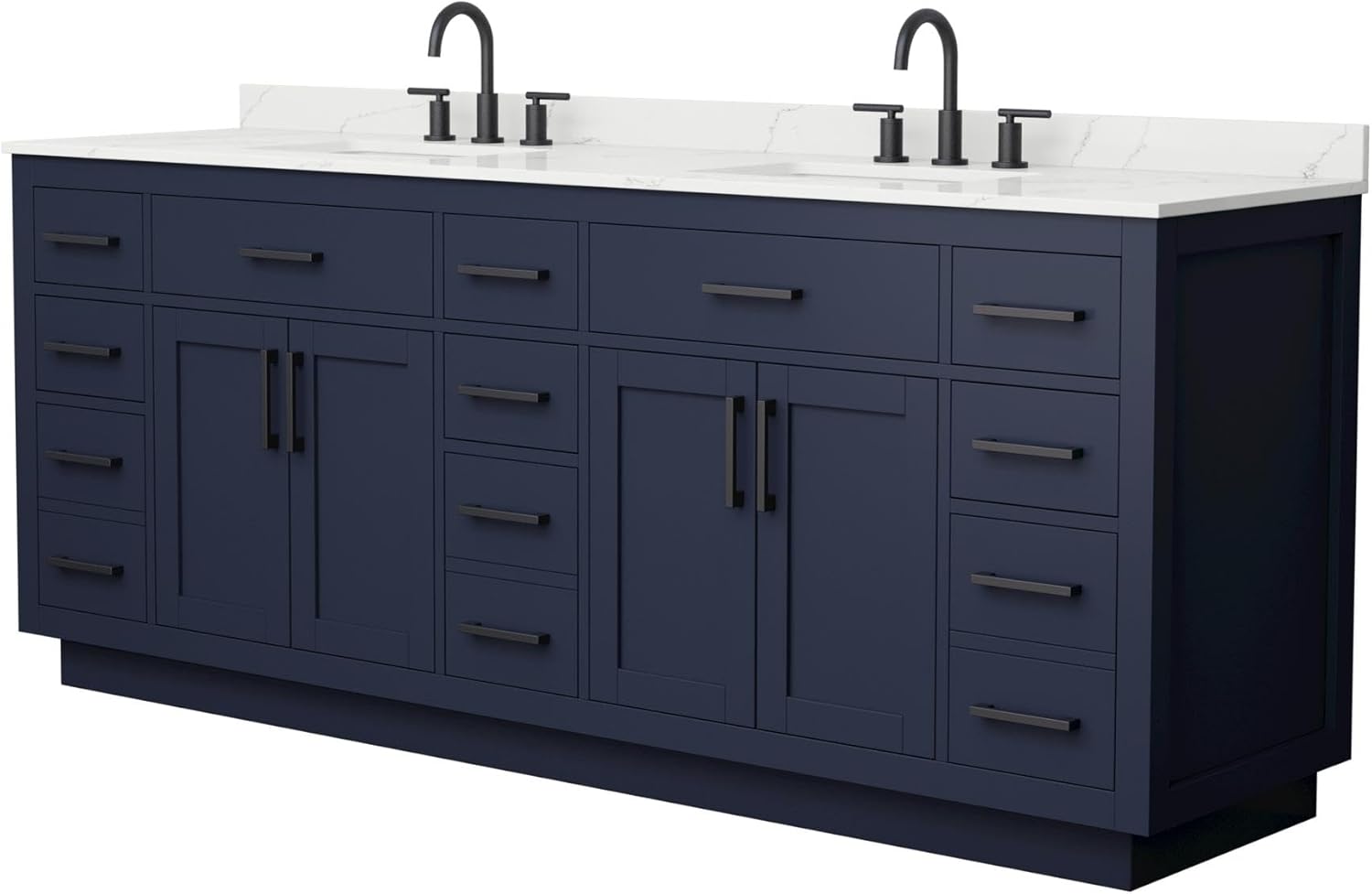 Wyndham Collection Beckett 84 Inch Double Bathroom Vanity with Toe Kick in Dark Blue, Giotto Quartz Countertop, Undermount Square Sinks (3-Hole), Matte Black Trim