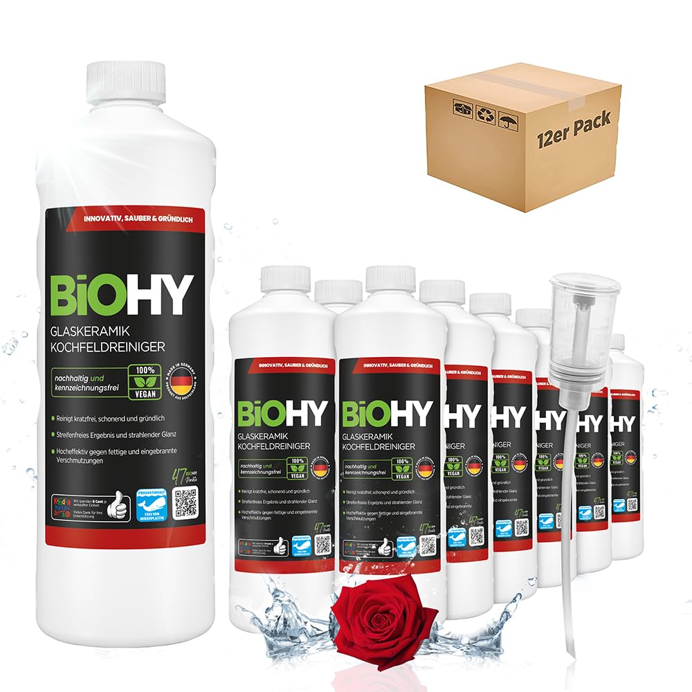 BiOHY Detergente per piani cottura in vetroceramica (12 bottiglie da 1l) + Distributore | Ottimo per la pulizia e la cura del piano cottura e per l’induzione (Kochfeldreiniger)