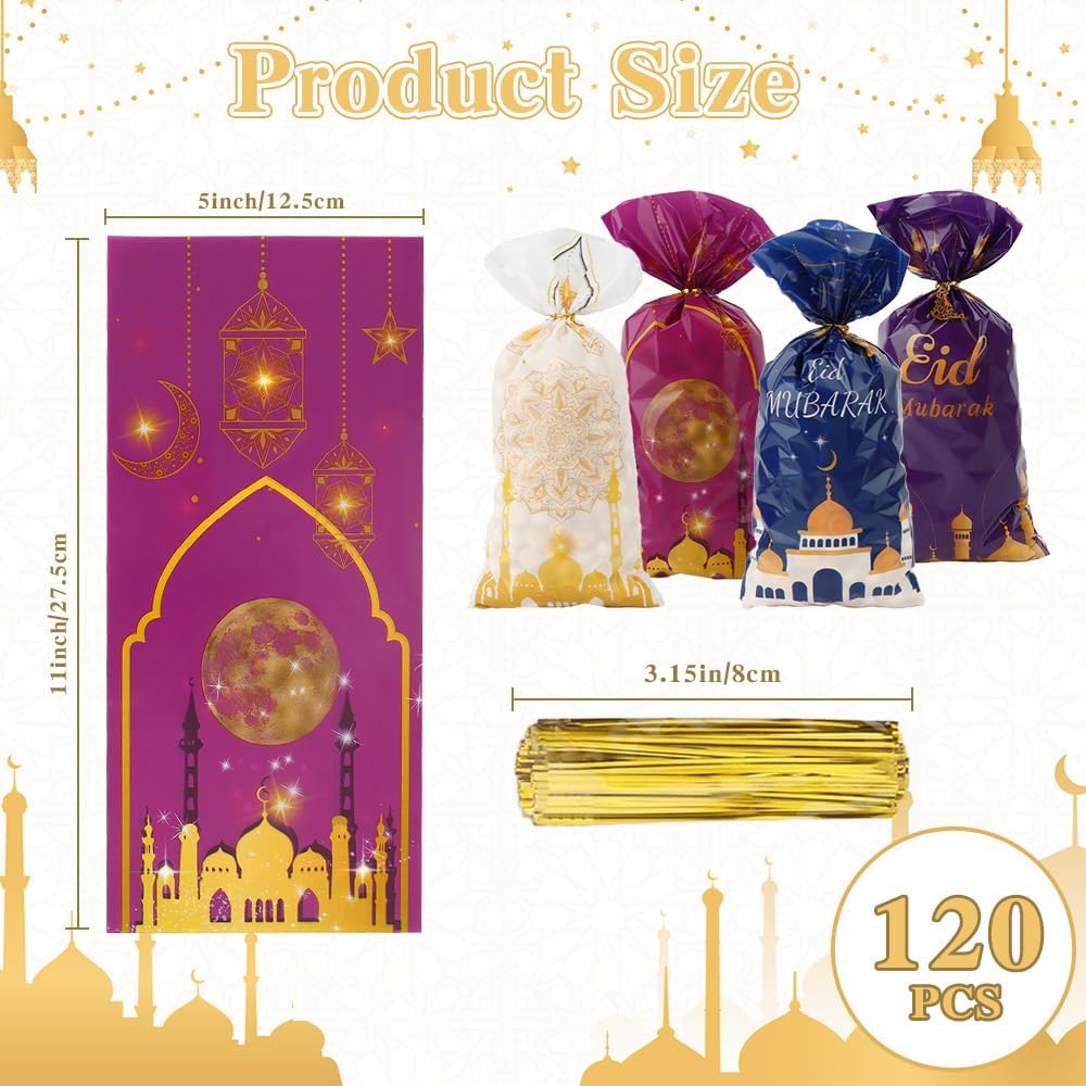 Ramadan Cellophane Treat Bags, 120 Pcs Eid Mubarak Gift Bags, Eid Mubarak Ramadan Goodie Bags Candy Gift Bags Cookie Snack Goody Bags with 120 PCS Twist Ties for Eid Mubarak Ramadan Party Decorations - Image 2