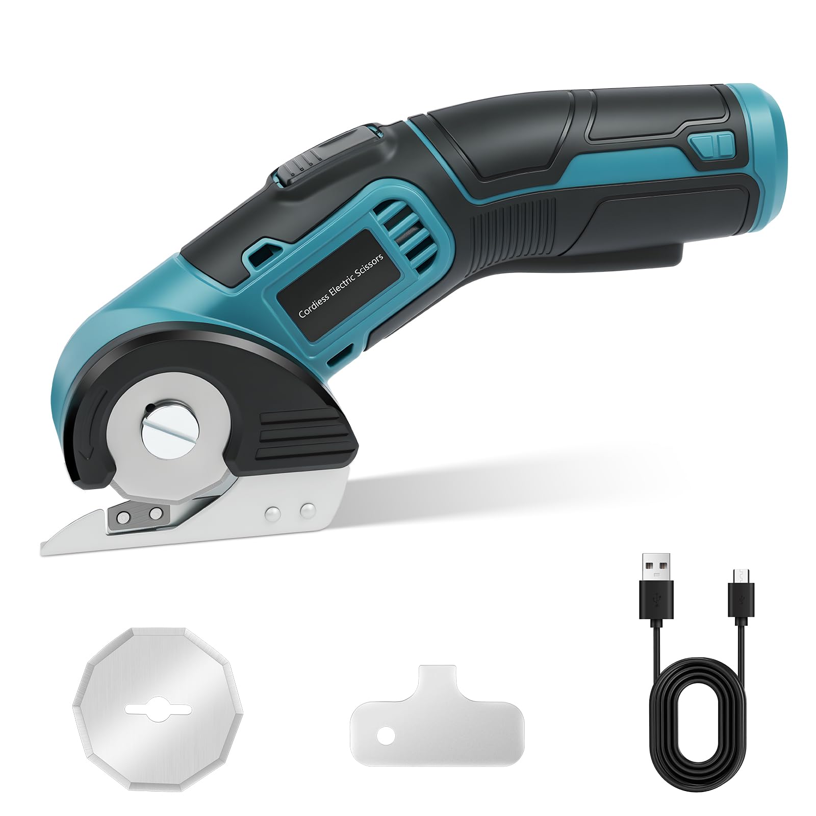 Flintronic Ciseaux Électriques Sans Fil, Cutter Rotatif Électrique avec 2 Lames, Ciseaux Electrique Tissu Couture avec Verrouillage de Sécurité, pour Tissu, Papier, Carton, Cuir, Tapis