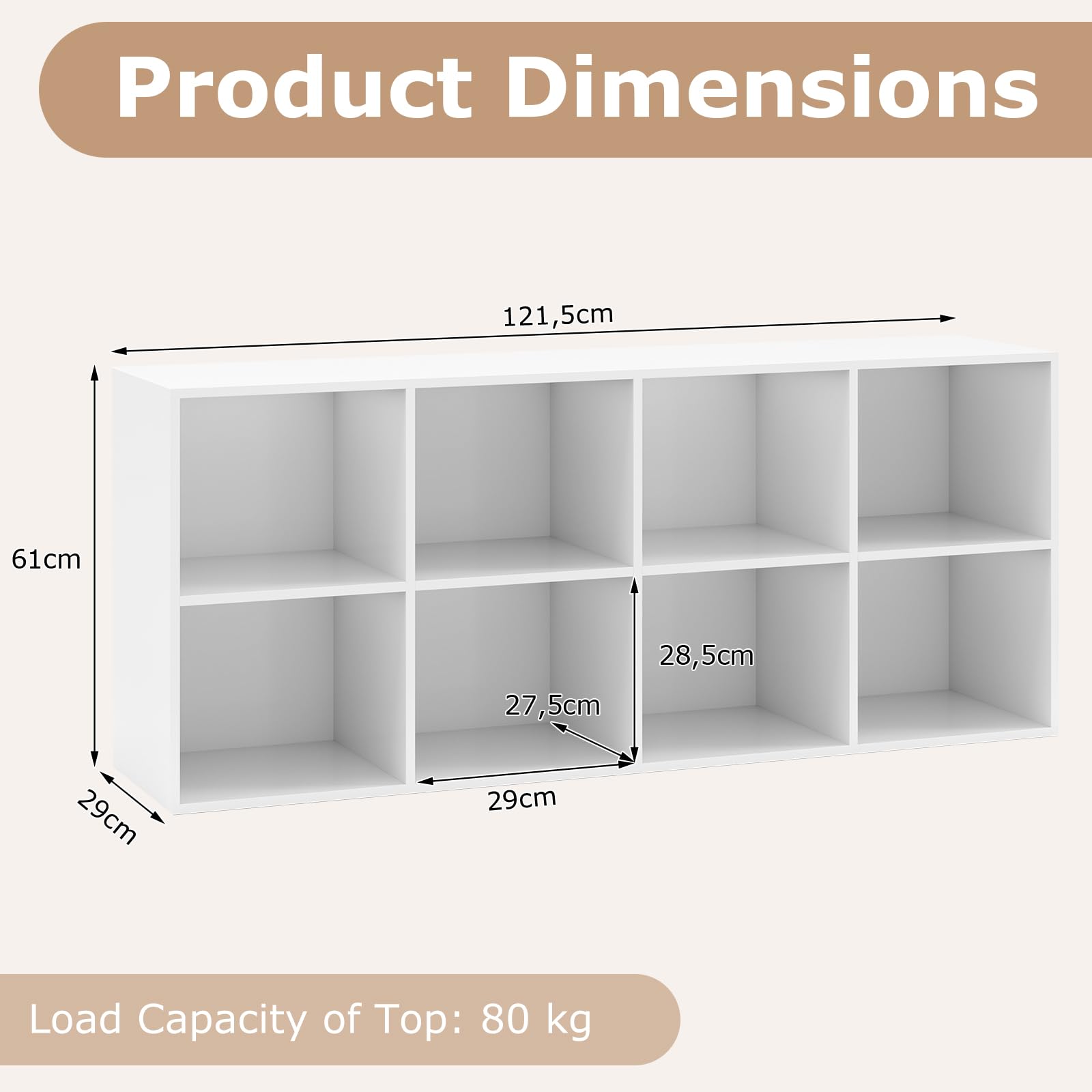 KOMFOTTEU Libreria Scaffale con 8 Cubi, Libreria Legno con 2 Dispositivi Antiribaltamento, Mobile Contenitore per Soggiorno, Camera da Letto, Ufficio, 121,5 x 29 x 61 cm (Bianco)