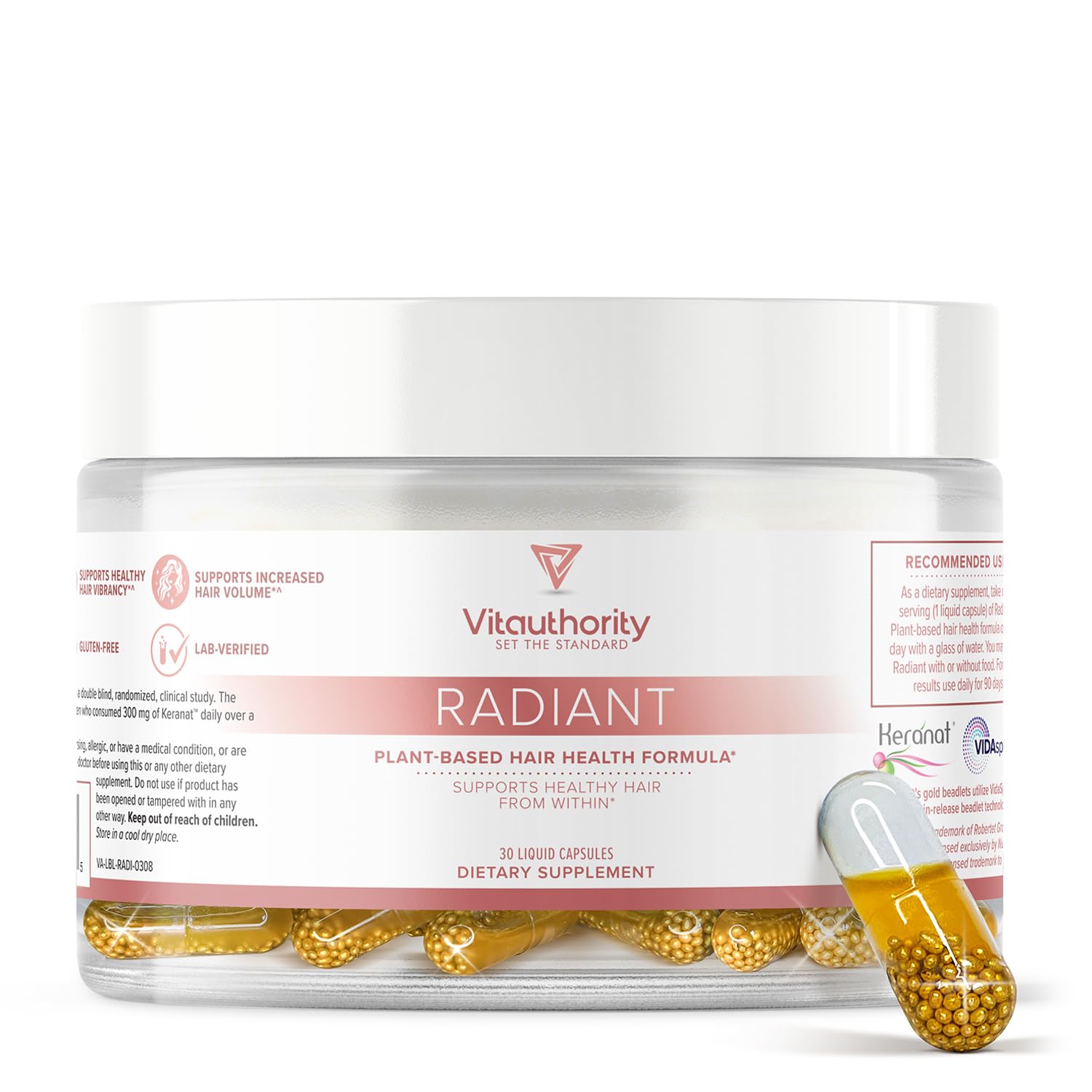 Vitauthority Radiant: Advanced Hair Formula Supplement to Support Thinning Hair and Healthy Hair Growth, Biotin-Free Regrowth & Thickness Formula with Keranat & Omegia, 30 Servings