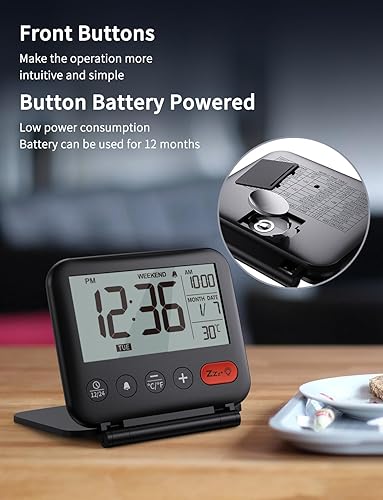 Miniatura 3 de NOKLEAD Reloj despertador digital de viaje para dormitorio y oficina: pequeño reloj de escritorio LCD con luz de fondo, fecha, temperatura,
