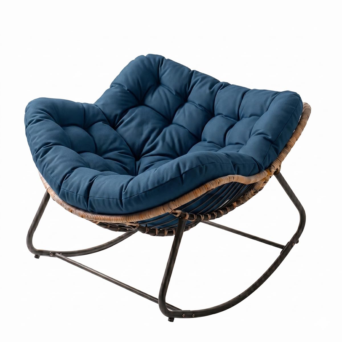 Boho Schaukelstuhl für Garten & Balkon mit Kissen – Rattan Relaxsessel & Lounge Rocker mit stabilem Metallgestell (Blau)