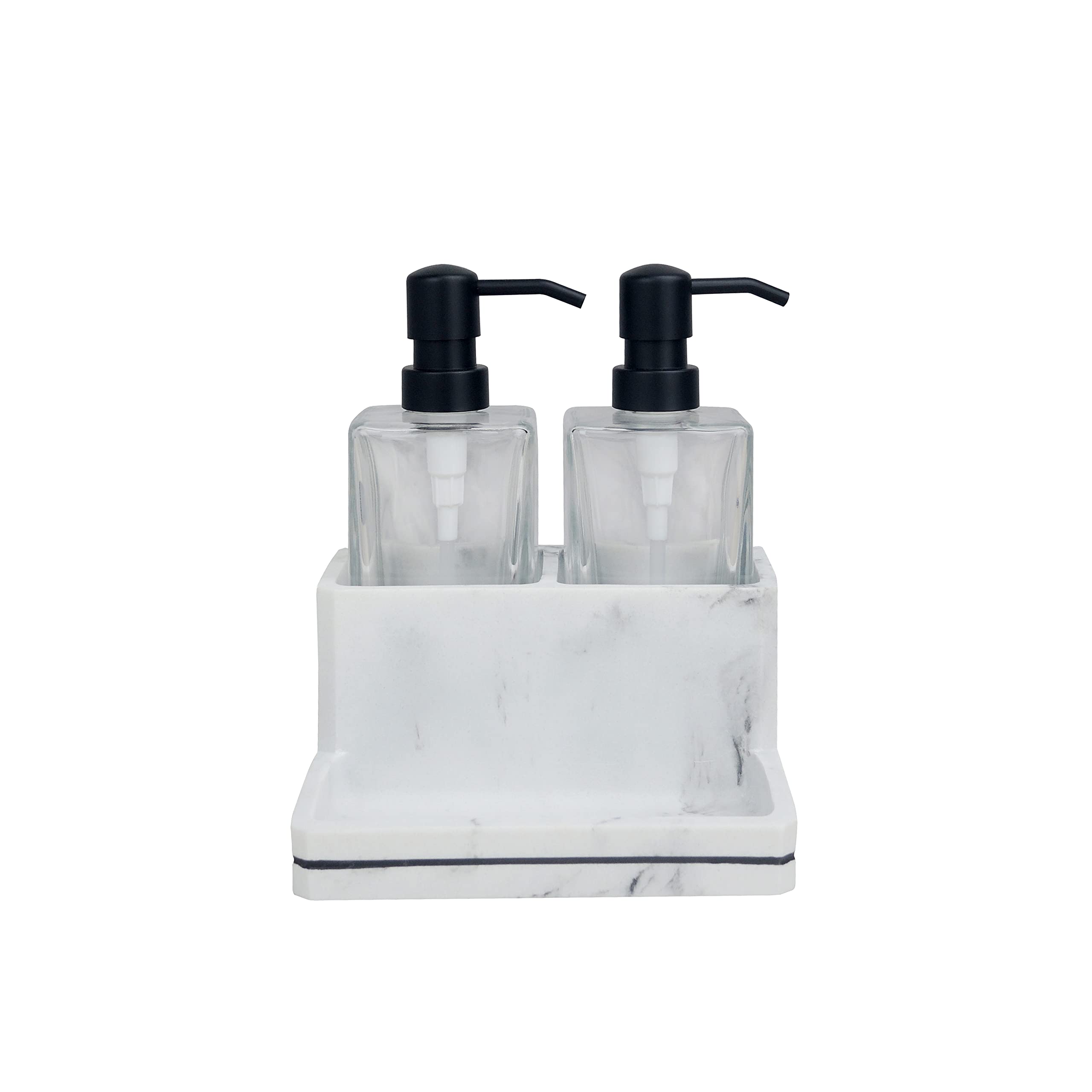 Indecor Home Glass Soap Dispenser Set with Resin Storage Caddy, for Bathroom, Bedroom, Home, Office, Lotion Pump with Rustproof Pumps, Large Capacity Heavy Bottles (Marble)