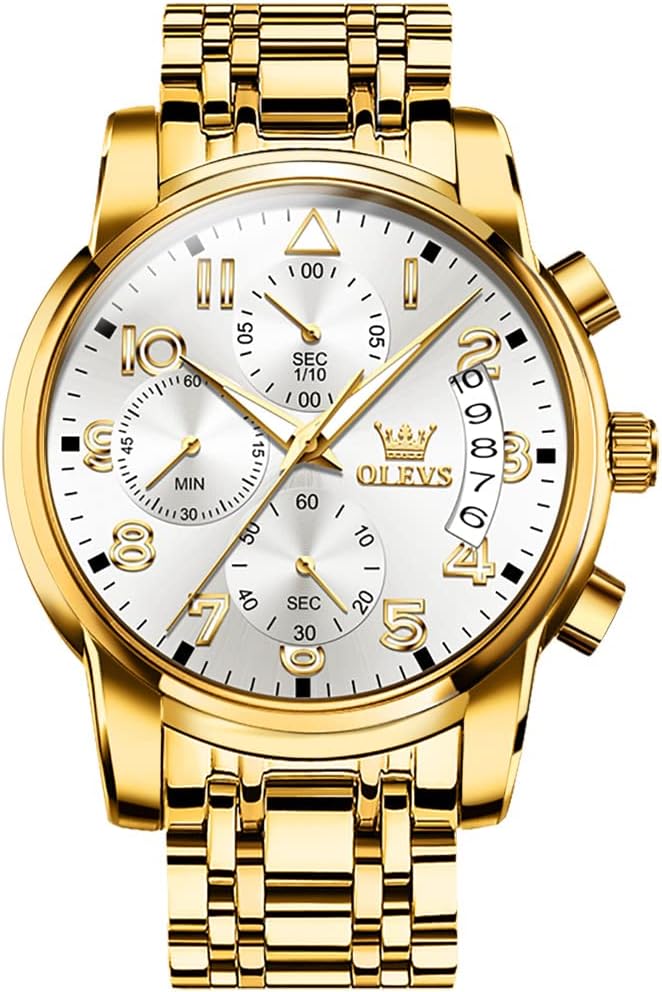 Men's Chronograph Quartz Watches, Classic Large Face Stainless Steel Watches for Men, White Face/Gold Band, round