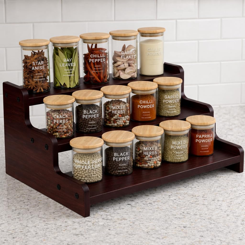 FireBees 3 Tier Wooden Spice Rack for Kitchen Countertop | Masala Organizer Rack Stand | Kitchen Shelf Organizer & Cabinet Shelf Riser | Wooden Kitchen Storage Stand | Dark Brown