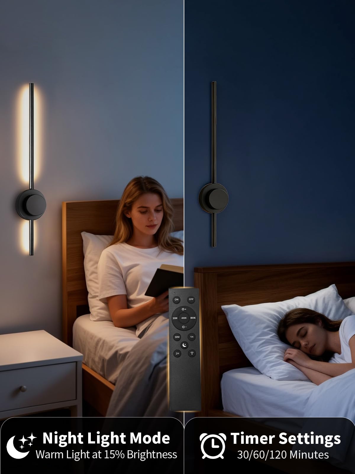 Kabellose Wandleuchter 2er Set, Wiederaufladbare Wandleuchten, Batteriebetrieben 5000mAh, 3 CCT Dimmbar, Timer Fernbedienung Wandlampen für Schlafzimmer, Wohnzimmer (70.1 cm Schwarz)