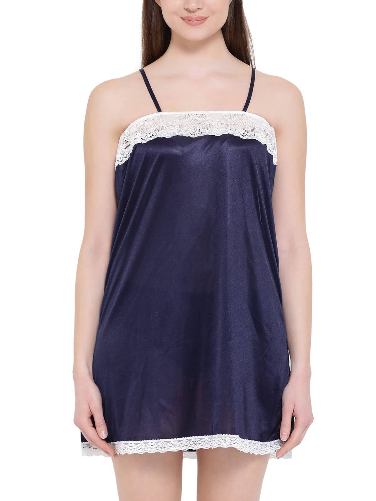 clovia Women's Satin Solid Night Slip (Navy Blue, Large)-picture-10