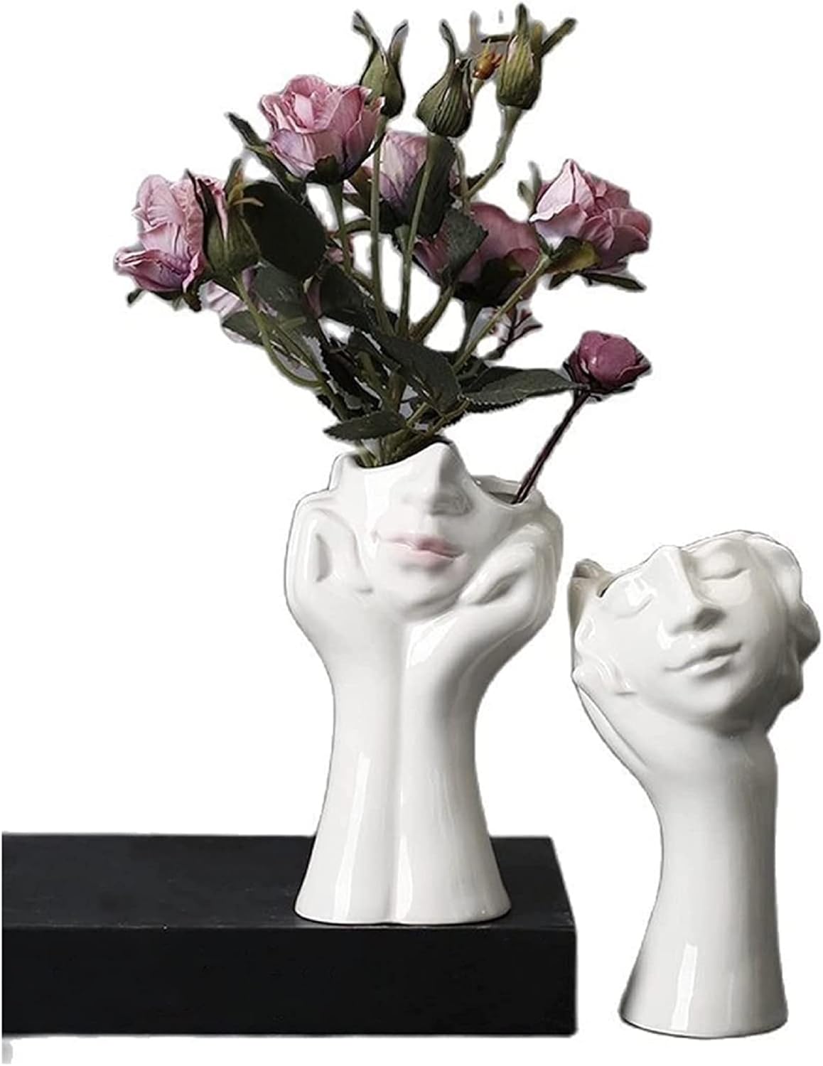 Human Face Ceramic Vase, Hands Sculpture Flower Plant Pot for Home Living Room Arrangement Office Shelves Organiser Décor (A- White)