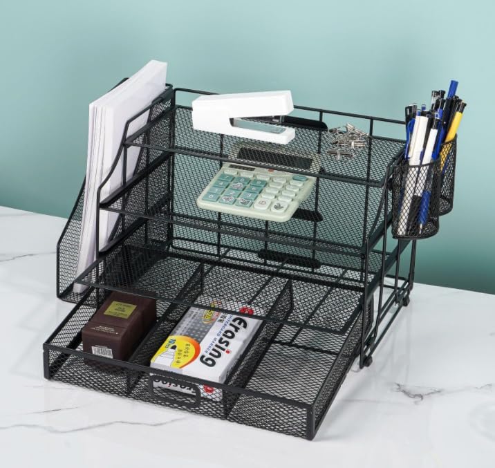 Organisateur de Bureau OPNICE Desk Organizers and Accessories, Desk Organizer with Drawer, 4-Tier Paper Tray Organizer with 2 Pen Holders + File Holder, Office Desk Accessories for Office Supplies(Ros