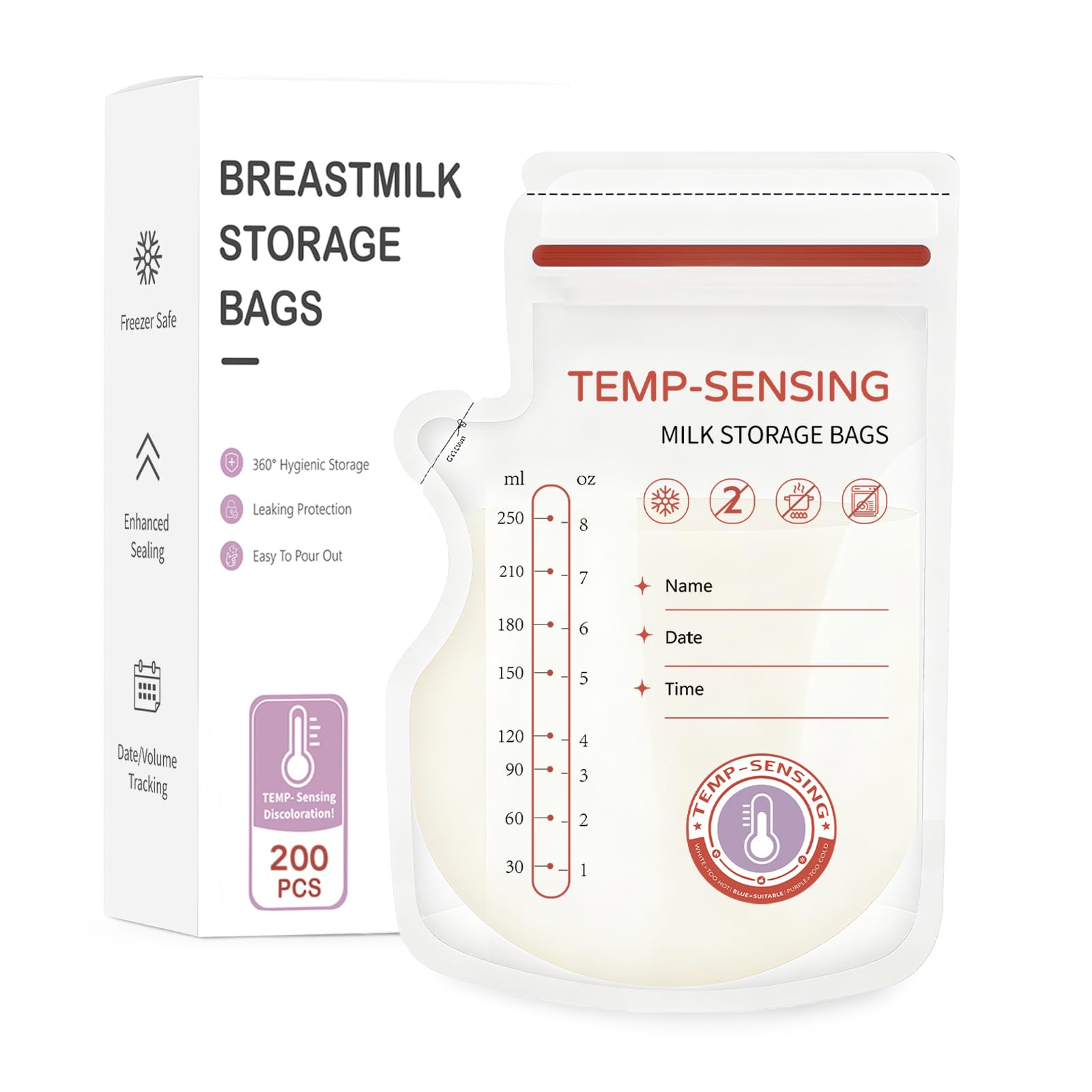 WeSweet 200Pcs Temp-Sensing Breast Milk Storage Bags- 250ml Milk Storage Bags for Breastfeeding with Pour Spout