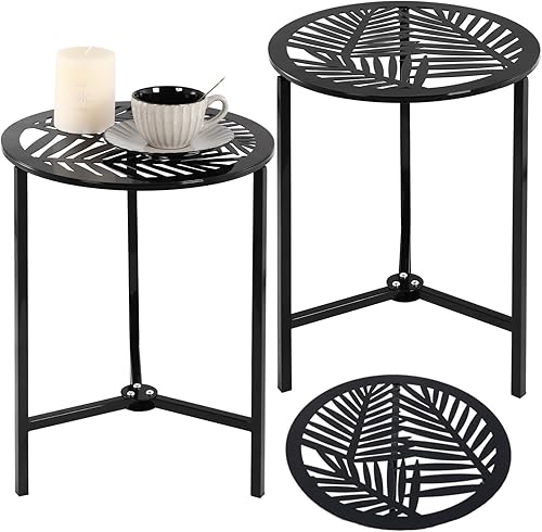 Miniatura 20 de Paquete de 1 mesa auxiliar de metal para exteriores de 13 pulgadas, pequeña mesa auxiliar negra para patio, soporte de esquina redondo para espacios