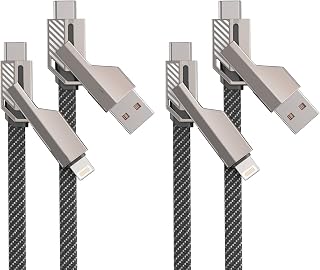 4-in-1 USB C Cable Fast Cable, 60W Fast Charging & Data Sync Flat Braided Anti-Tangle, Fit for iPhone Charger Cord with Velcro, Multi Charging Cable Combo Fast/Type C/USB A Ports, 5ft