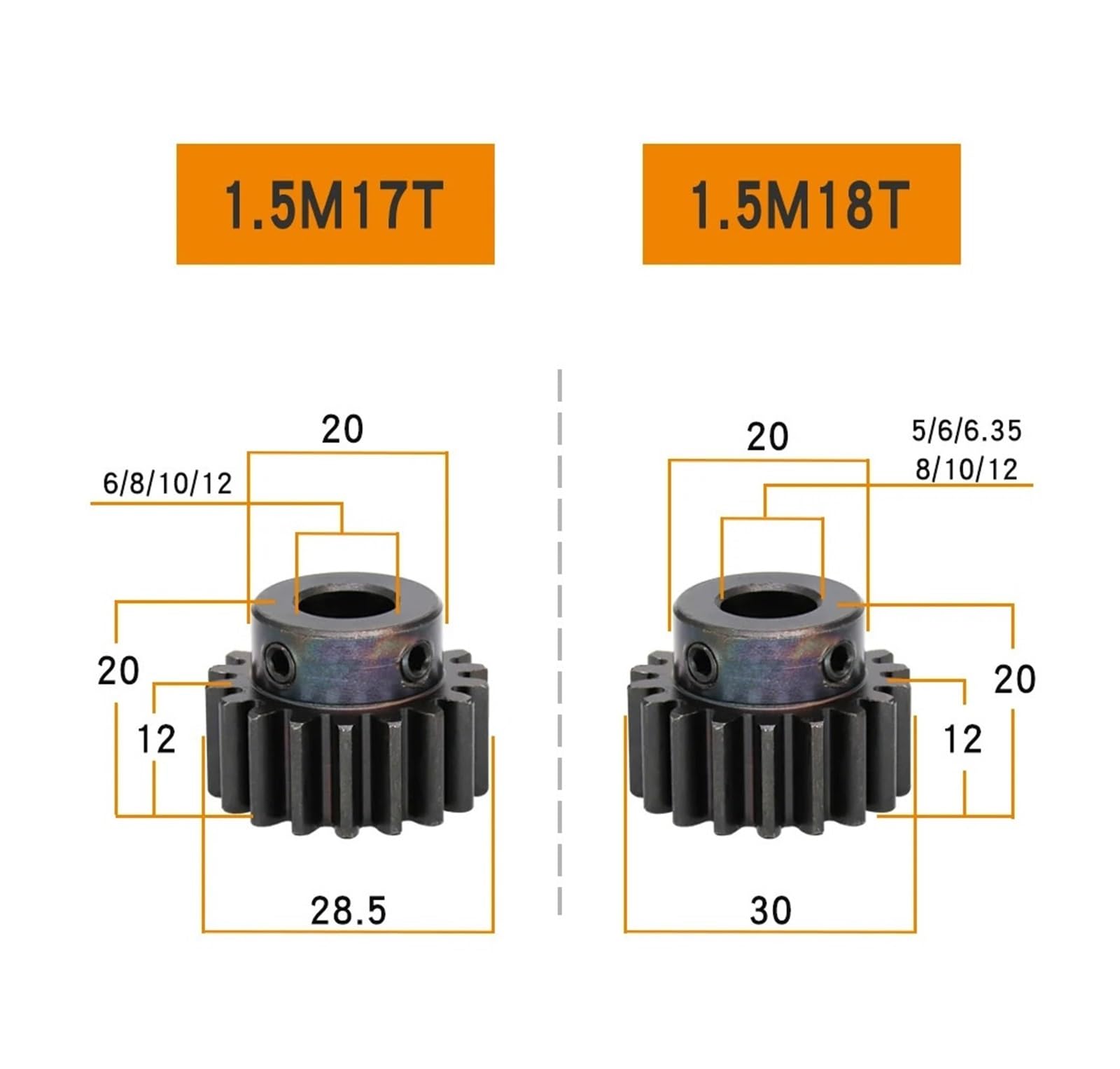 Bevel Gear Pinion Hardware Mechanical 1pcs Spur Gear 1.5M-17T/18T Teeth Thickness 12mm Blackening Carbon Steel Metal Gears for Transmission(6.35mm-1.5M17T)