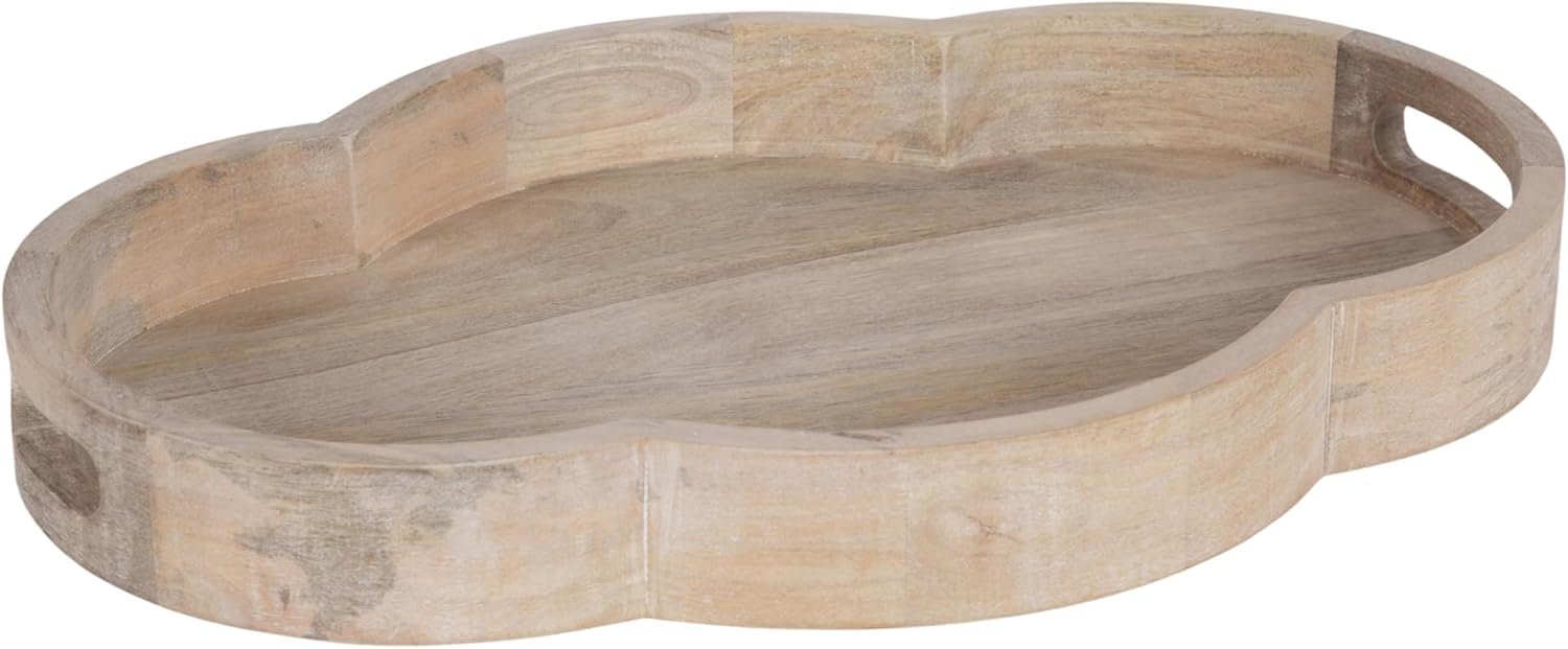 Kate and Laurel Winstead Decorative Rounded Oval Wood Tray, 20 x 14 x 3, Light Natural Wood, Scalloped Serving Tray with Handles as Tray for Ottoman Coffee Table