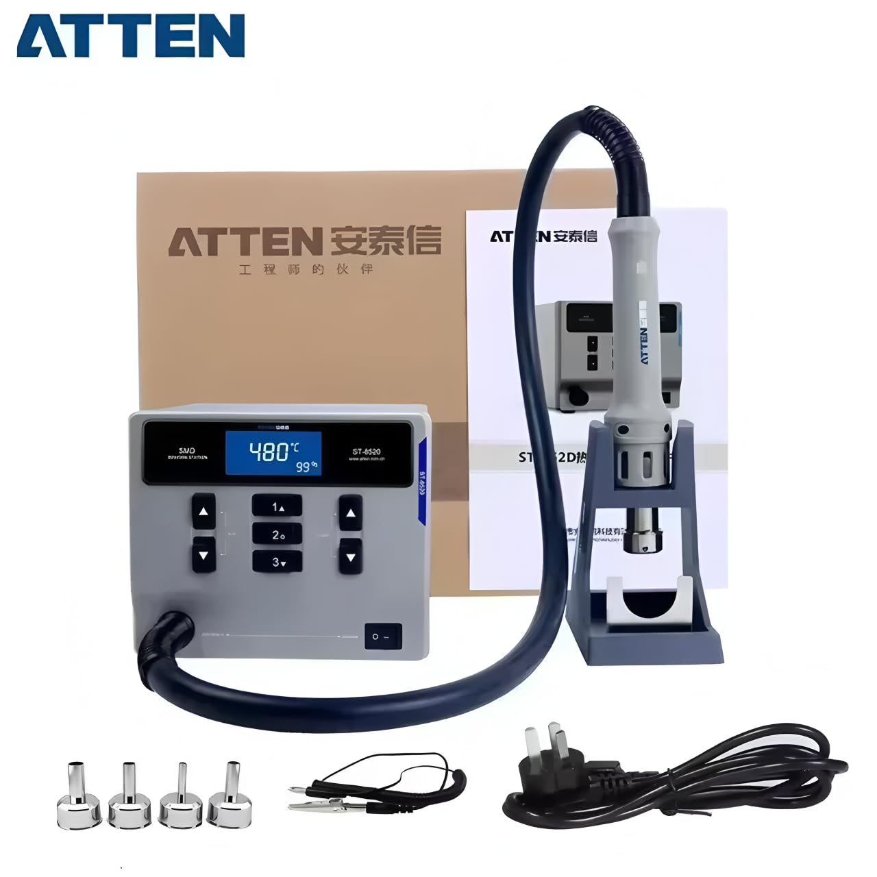 ATTEN St-862D 1000W Heißluftpistole mit Digitalanzeige BGA-Reparaturstation mit automatischem Schlafmodus zur Reparatur und Entlötlösung(ST-862D B)